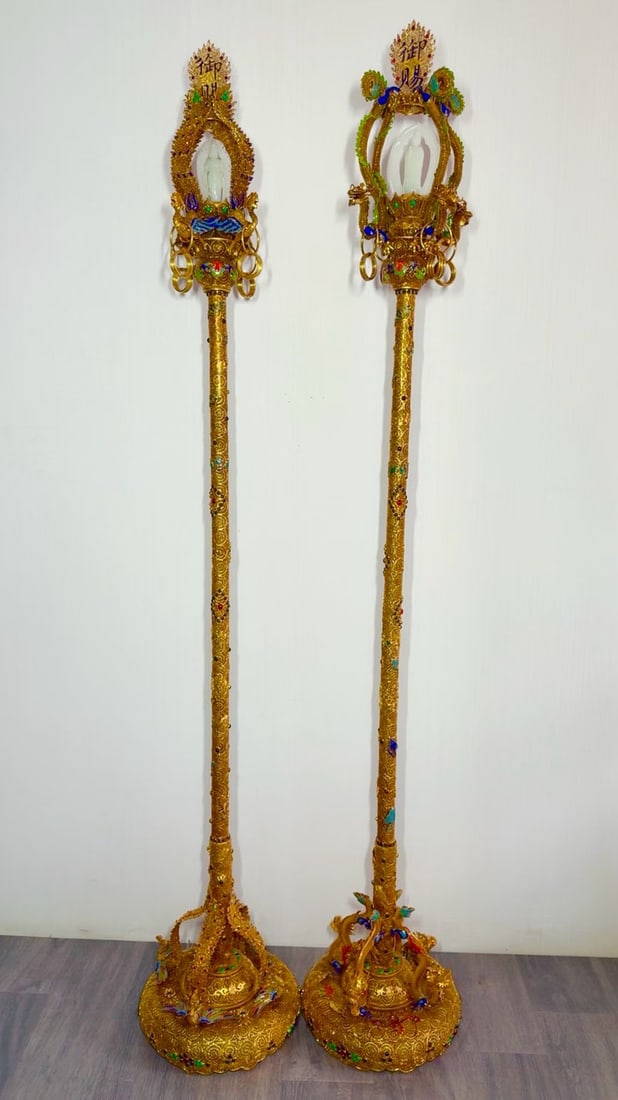 Pair of Gilt Filigree Hetian Jade Dragon Phoenix Guanyin Zen Staffs (1 of 9)