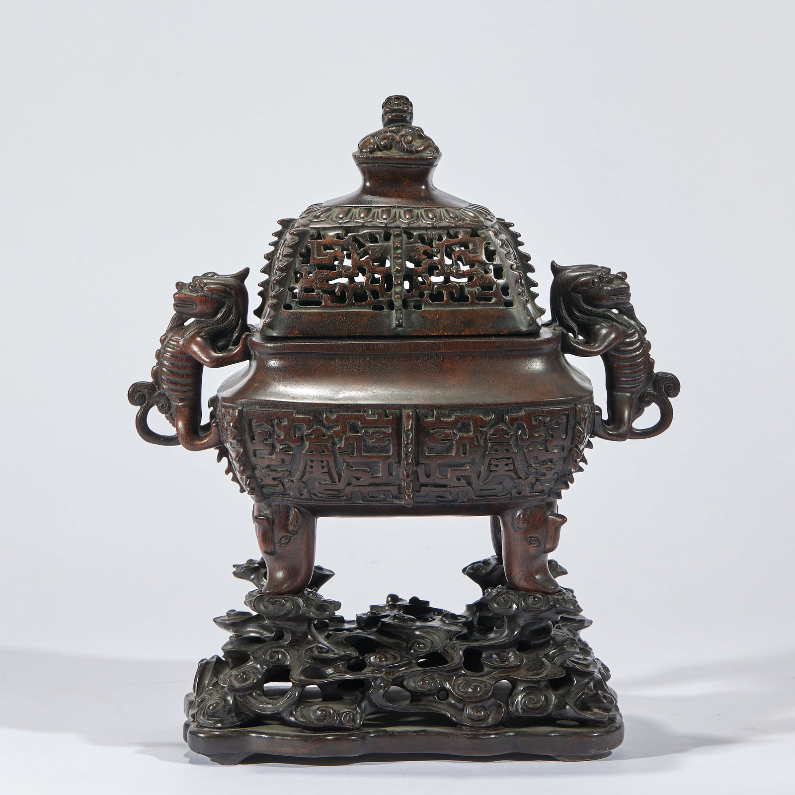 Chenxiang Auspicious Beast Incense Burner with Rosewood Base: Chenxiang Auspicious Beast Incense Burner with Rosewood Base: Material is high-quality chenxiang wood and rosewood. Crafted with round and openwork carving of an auspicious beast, hollow body for