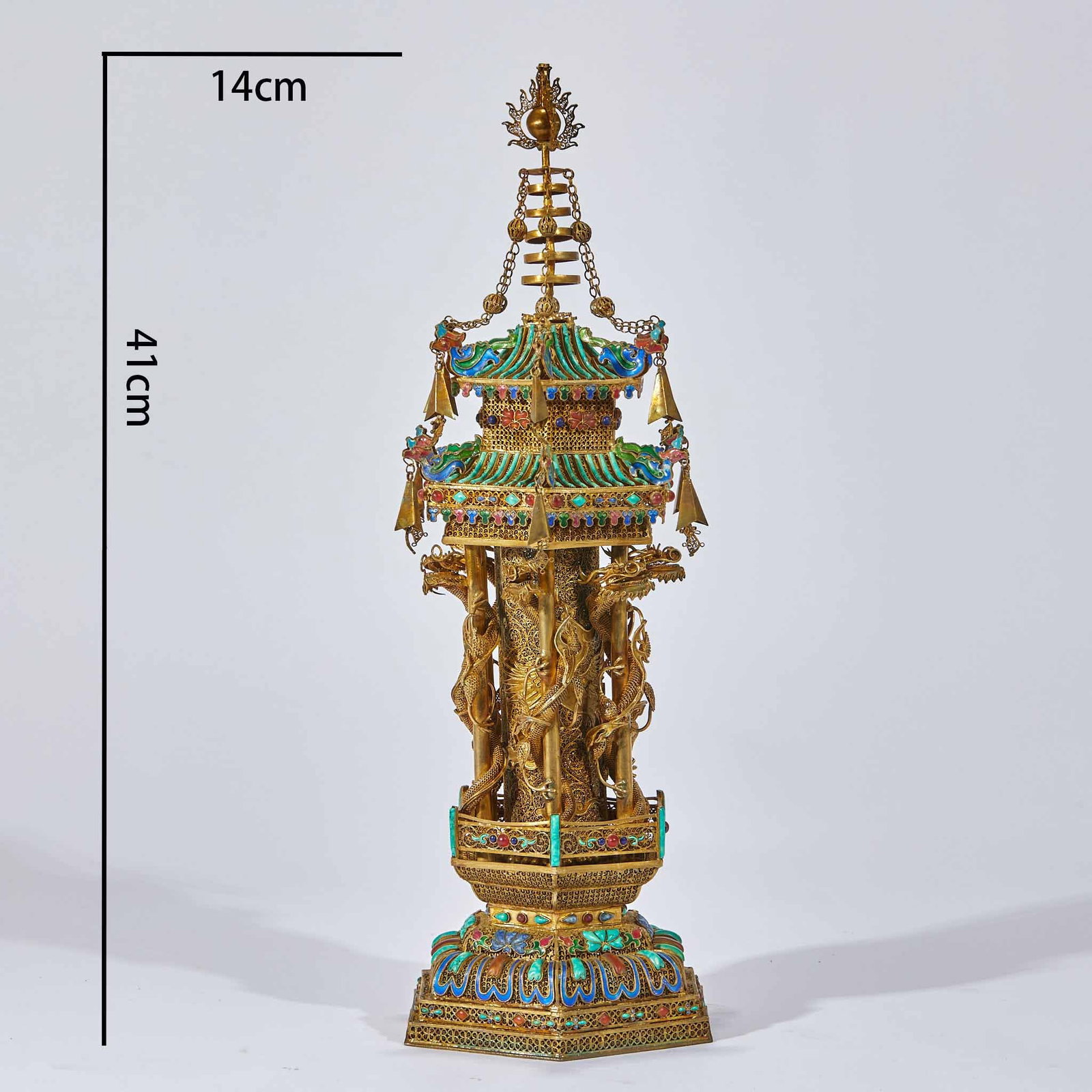 Gilt Silver Filigree Inlaid Coiled Dragon Pagoda: Gilt Silver Filigree Inlaid Coiled Dragon Pagoda: Material is gilt silver. Crafted with filigree, wire inlay and turquoise / ruby inlay, pagoda carved with coiled dragons and pavilions, complex and