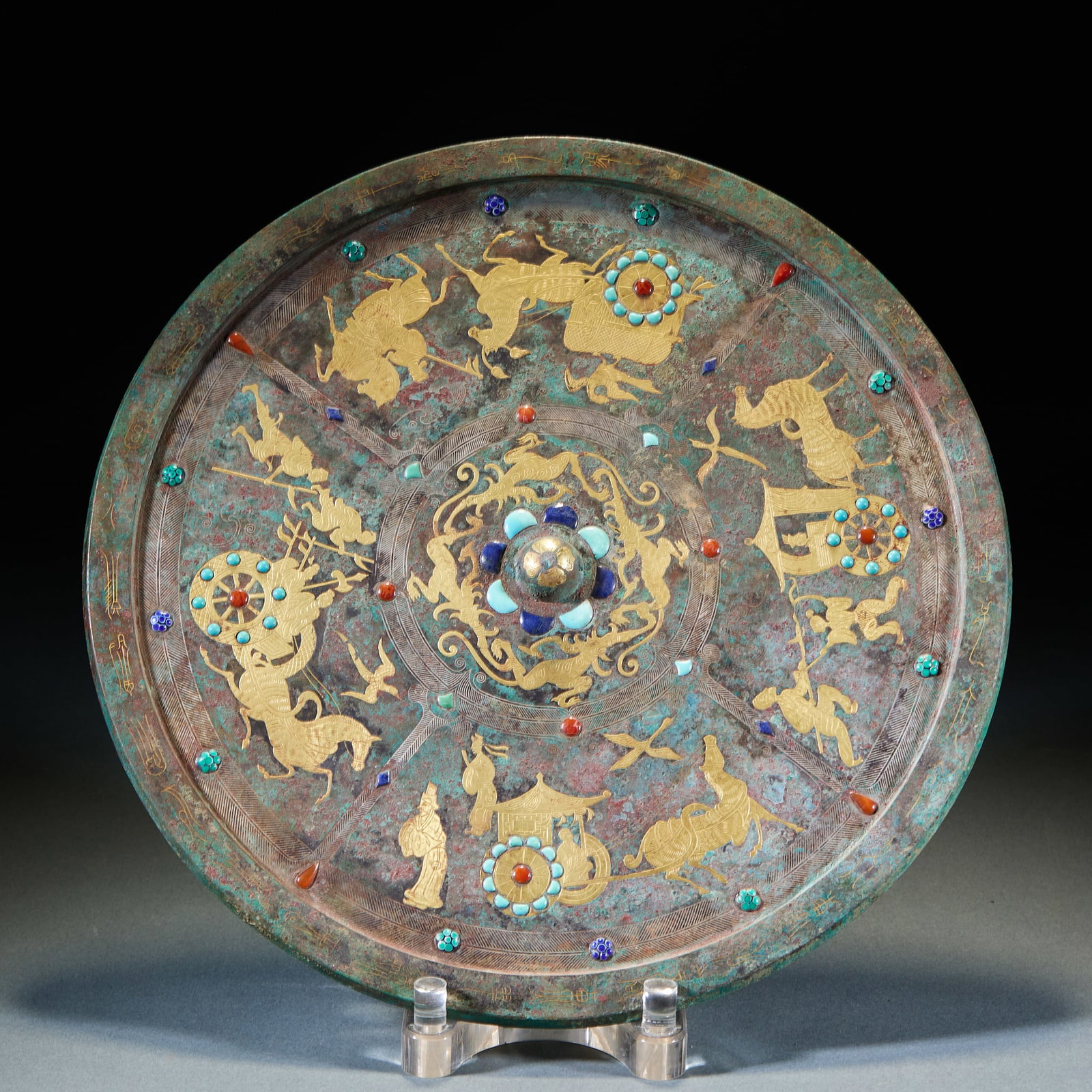 Bronze Mirror with Figure Travel Scene, Gold and Silver Inlaid Turquoise, Warring States to Han (1 of 8)