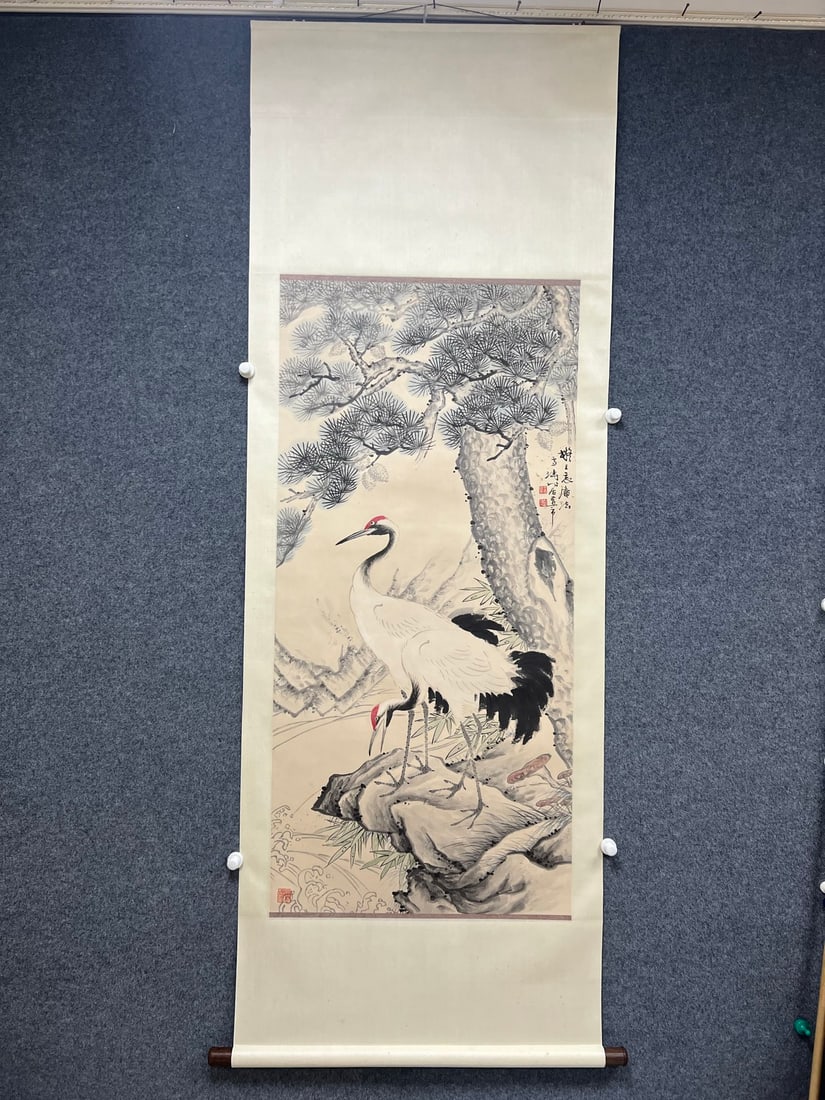 "Pine and Crane Extending Life" Paper Vertical Scroll by Wang Xuetao (1 of 11)