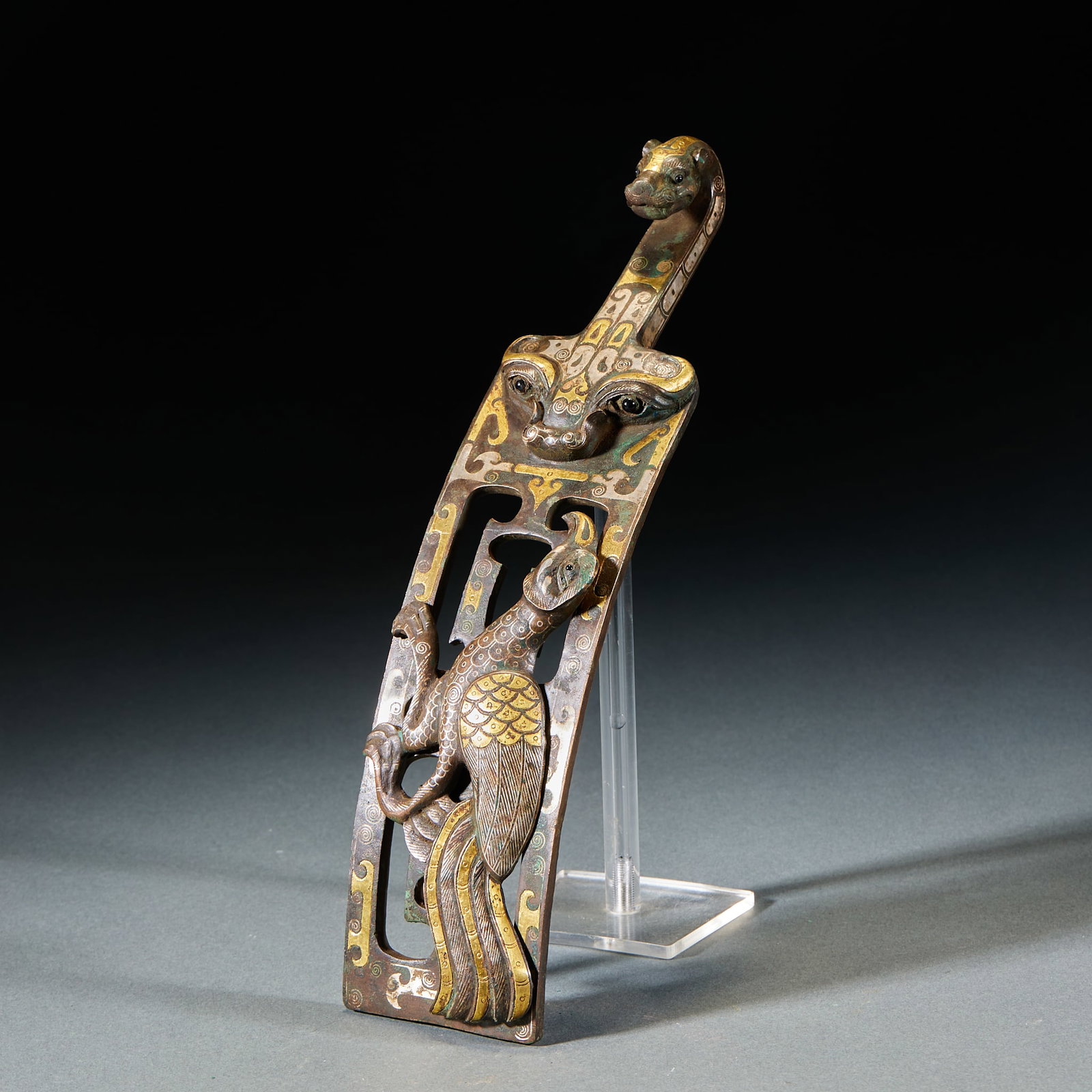 Gold and Silver Inlaid Vermilion Belt Hook (1 of 6)