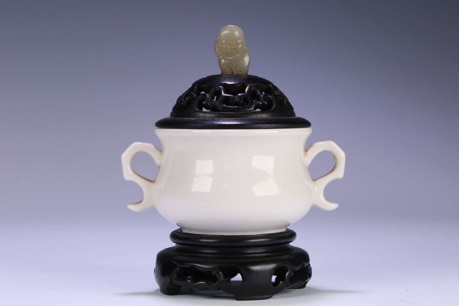 Dehua White Porcelain Double-Eared Censer with Jade Knop and Rosewood Lid Stand (1 of 9)