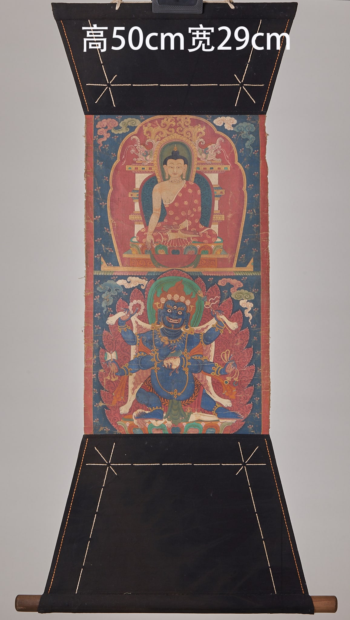 Tibetan Buddhism Double Linked Thangka: Tibetan Buddhism Double Linked Thangka: Painted with mineral pigments, upper part Buddha statue and lower part Dharma protector statue, steady colors and fine painting craftsmanship. Specification: