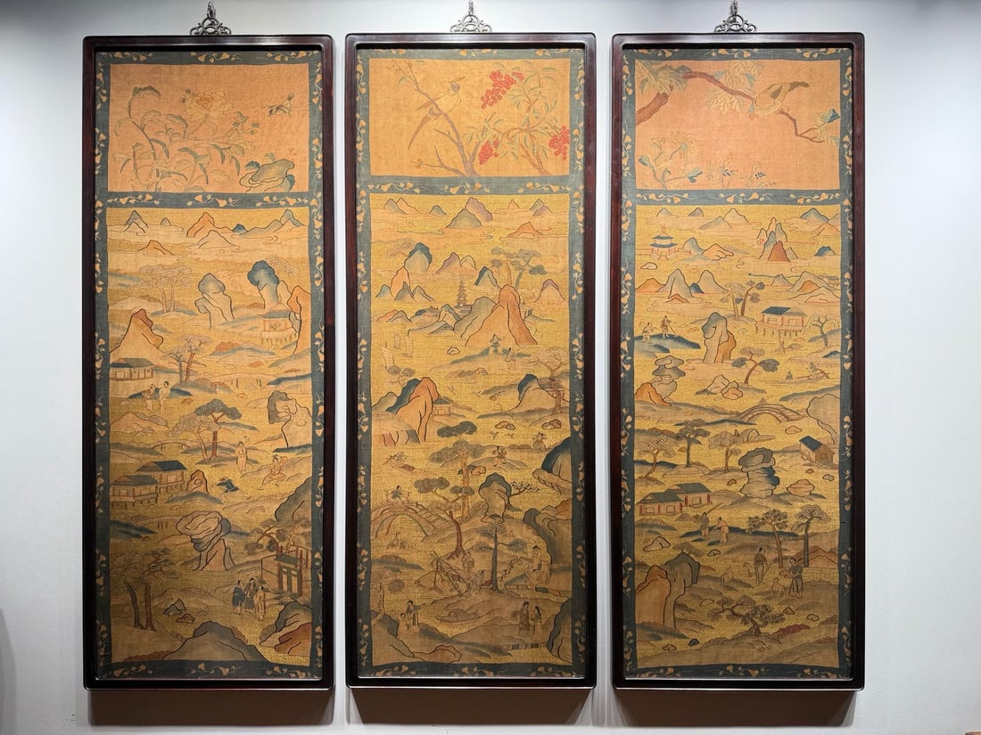 Qing Dynasty Kesi Jiangnan Prosperous Scenery Scroll: Qing Dynasty Kesi Jiangnan Prosperous Scenery Hanging Screen: Kesi woven panoramic Jiangnan landscape and figure scene in elegant colors, fitted with redwood frame. Specifications: height 145cm, width
