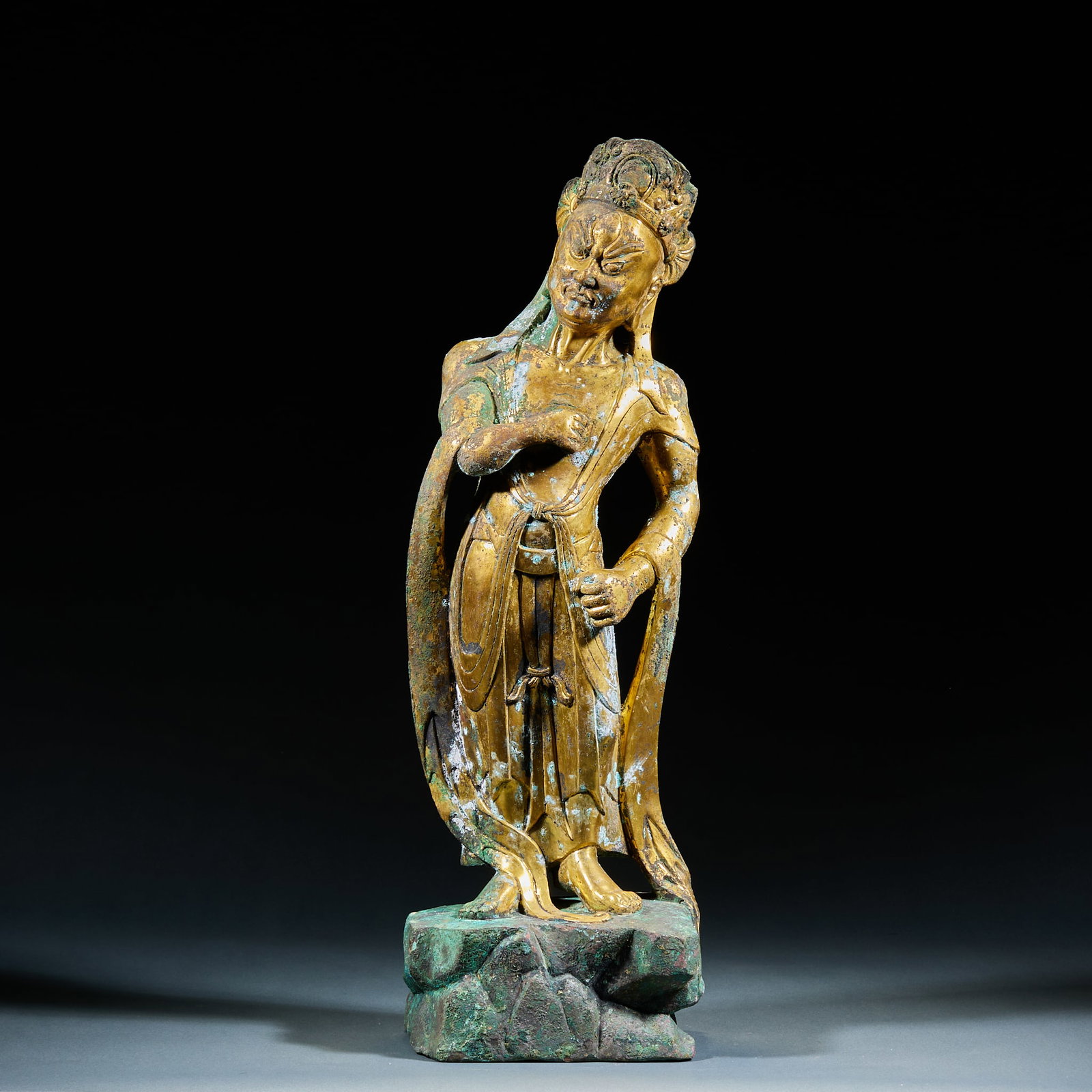 Gilt Bronze Wrathful Bodhisattva Standing Statue: Gilt Bronze Wrathful Bodhisattva Standing Statue: Gilt bronze cast wrathful Bodhisattva standing figure with upright posture and mottled preserved gilding. Specifications: height 45cm, length 15cm, wi