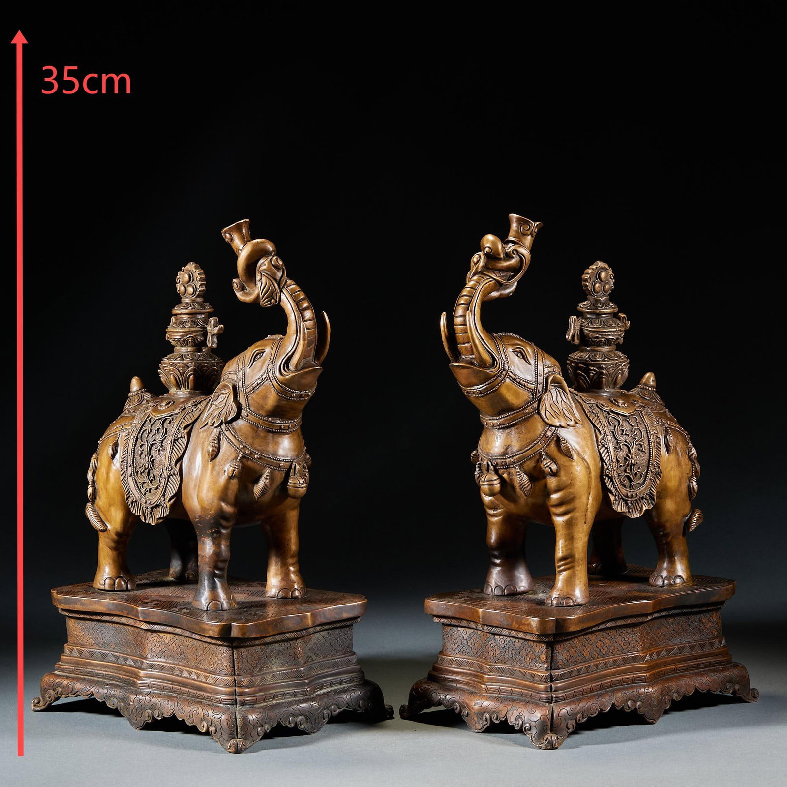 Yongle Mark Alloy Bronze Peace Elephant, A Pair: Yongle Mark Alloy Bronze Peace Elephant, A Pair: Alloy bronze cast auspicious peace elephant shape, preserved as a pair. Specification per piece: height 34.5cm, length 21cm, width 15cm, total weight