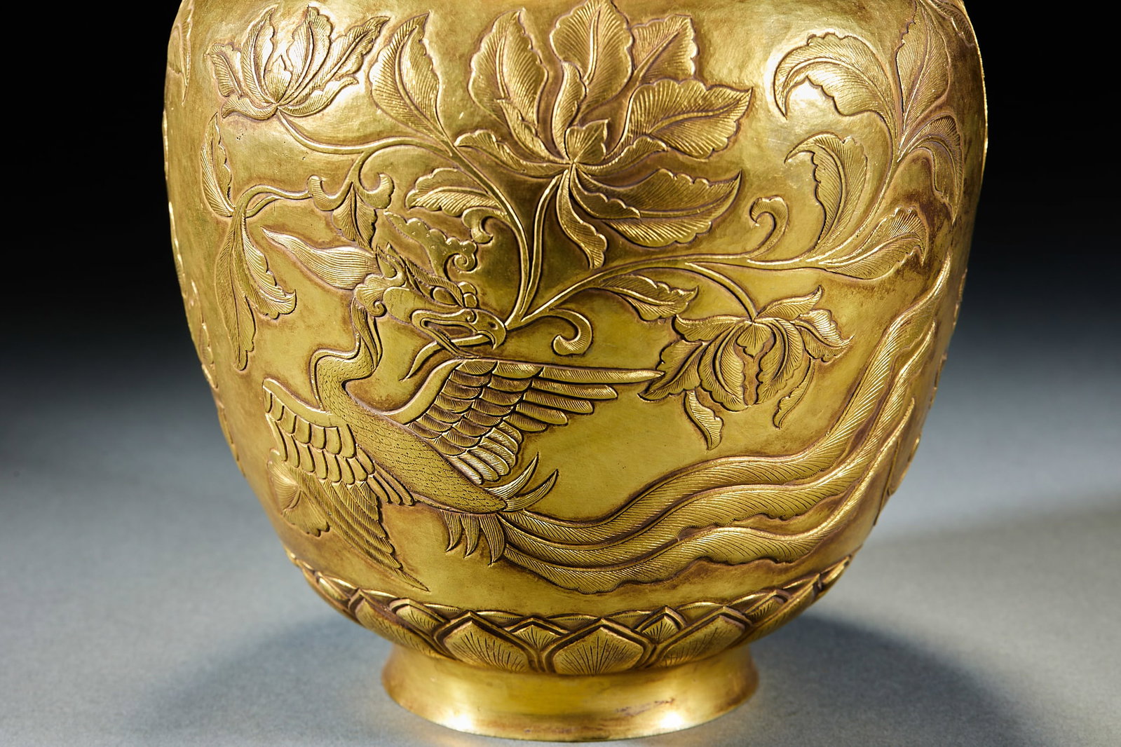 Gilt Bronze Engraved Meiping Vase with Phoenix Peony Pattern - 2