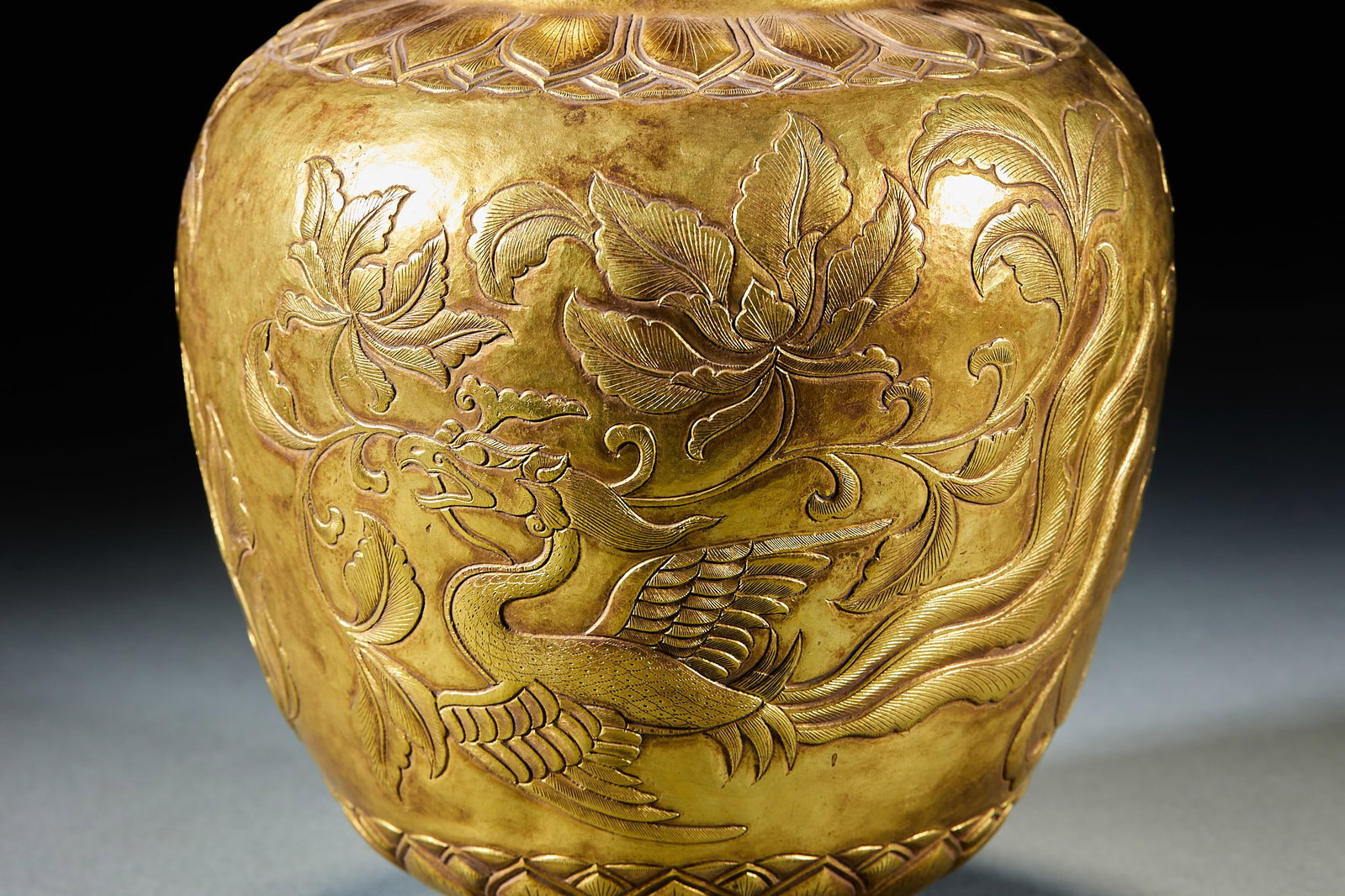 Gilt Bronze Engraved Meiping Vase with Phoenix Peony Pattern - 6