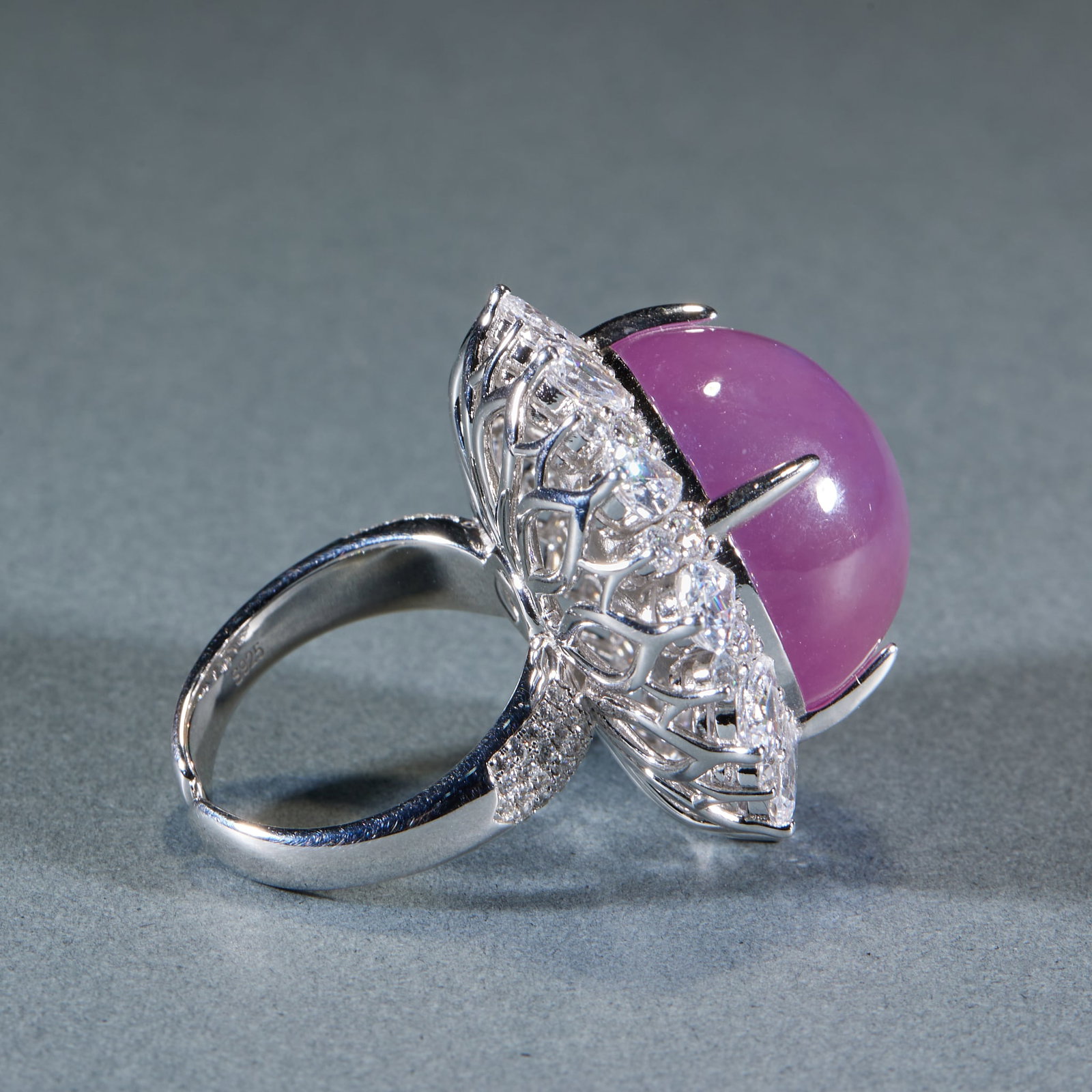 Violet Jadeite Cabochon Ring, Sterling Silver Mount - 4