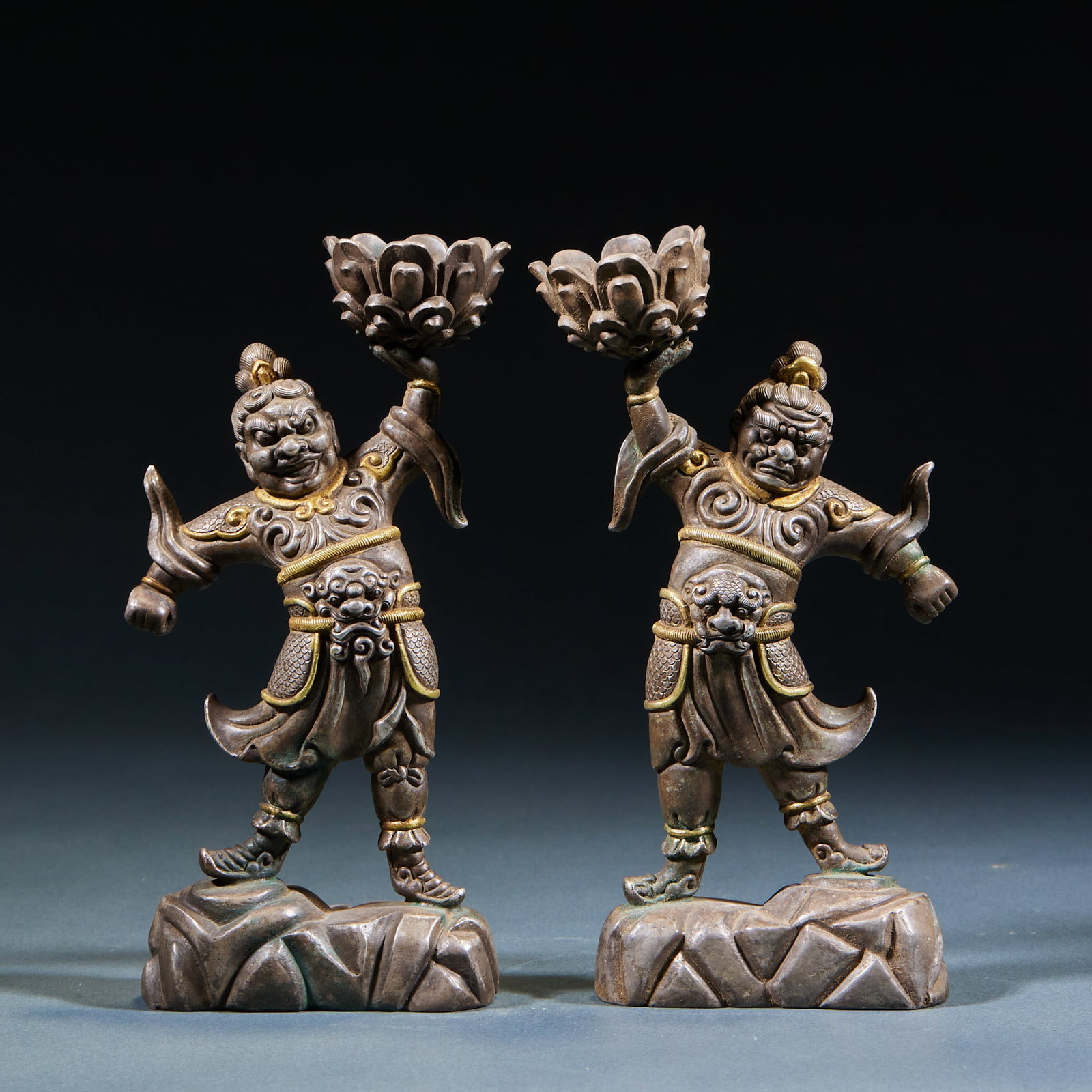 Pure Bronze Hercules Candlestick, A Pair: Pure Silver Hercules Candlestick, A Pair: Pure silver crafted via casting and chasing techniques, mighty vivid Hercules figure holding lotus base candlestick with delicate patterns. Specifications:
