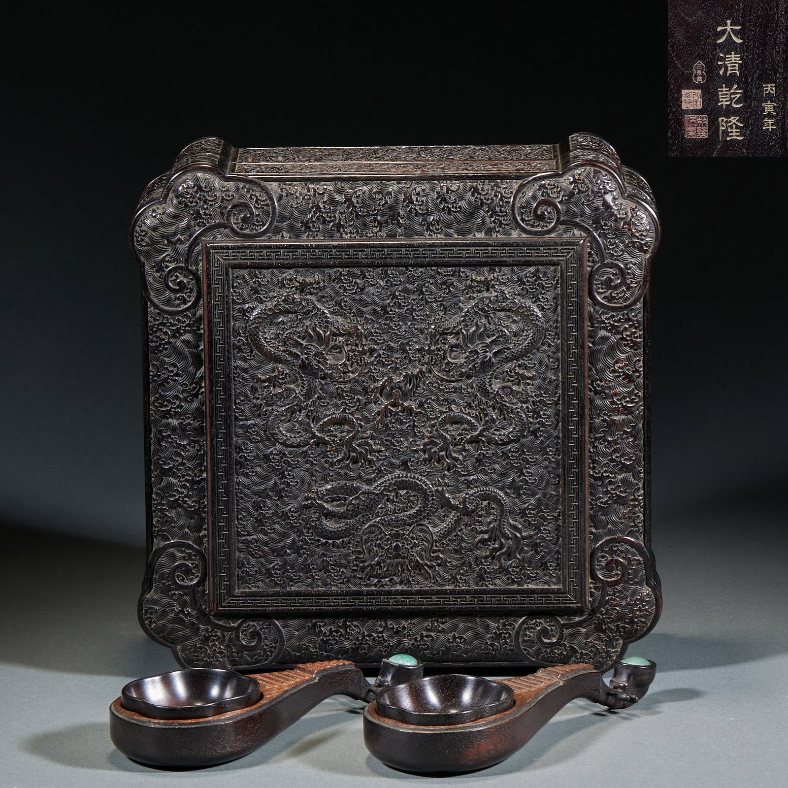 Yangxin Hall Red Sandalwood Pipa Incense Box, A Pair: Yangxin Hall Red Sandalwood Pipa Incense Box, A Pair: Carved of single red sandalwood log with full intricate patterns throughout, pipa shaped body, elaborate craft and primitive patina.