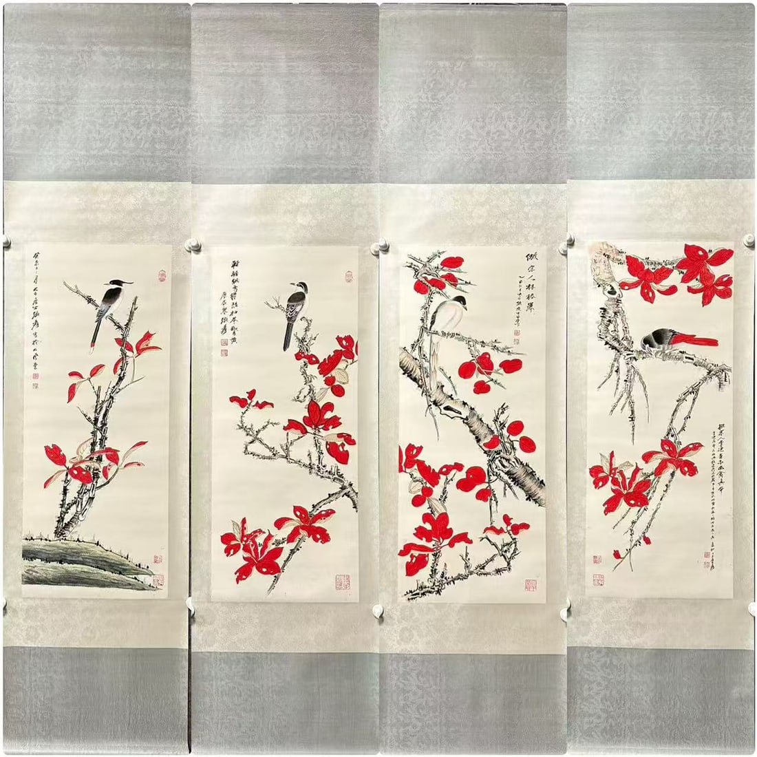 Zhang Daqian Red Leaf and Bird Four-Panel Scroll: Zhang Daqian Red Leaf and Bird Four-Panel Scroll: Paper-based colored painting with elegant brushwork, vivid depiction of birds and red leaves integrating literati taste and fine brush technique.