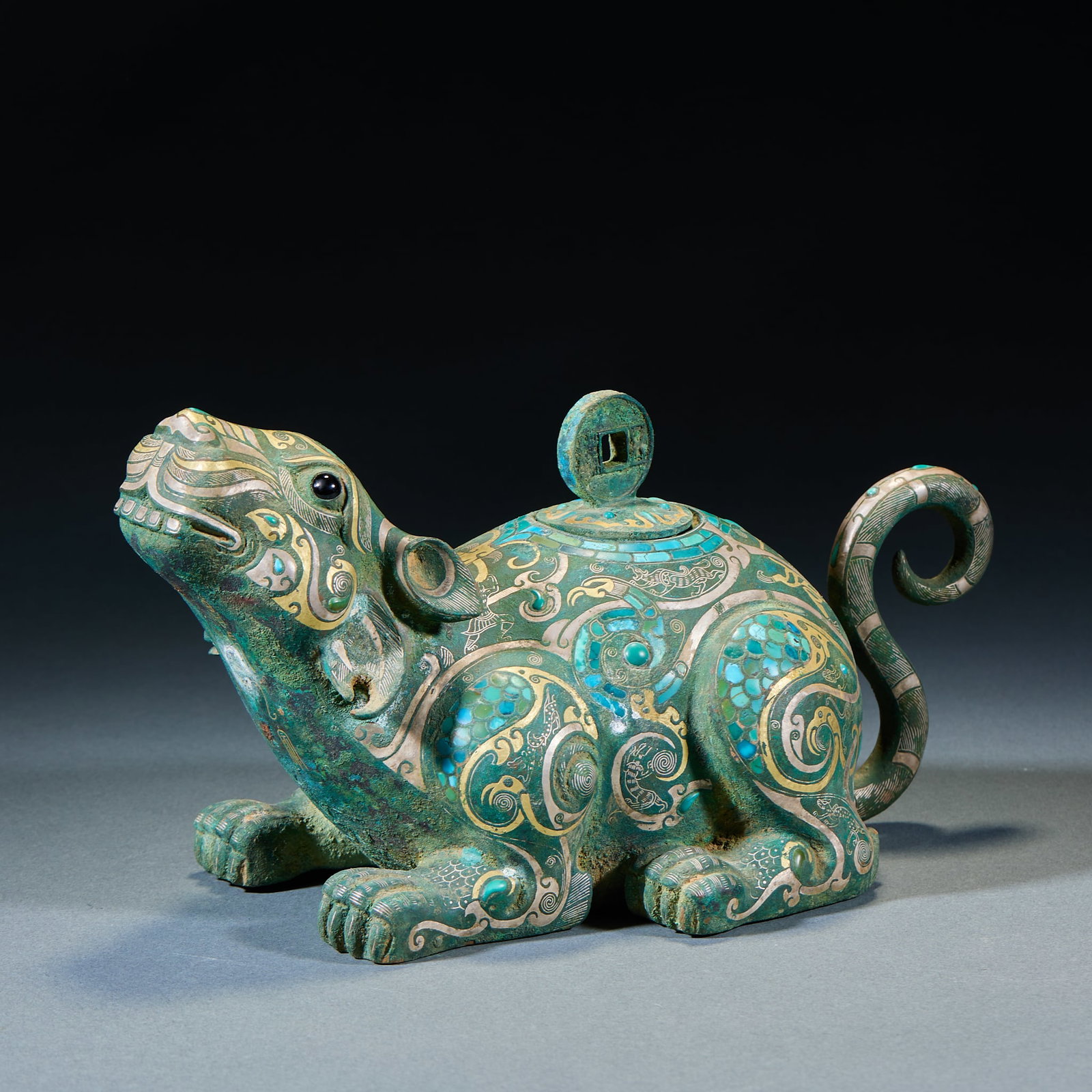 Warring States to Han Period Gold and Silver Inlaid Turquoise Bronze Rat: Warring States to Han Period Gold and Silver Inlaid Turquoise Bronze Rat: Bronze vessel adopting gold-silver inlay and turquoise inlay techniques, intricate gorgeous patterns, vivid rat shape and