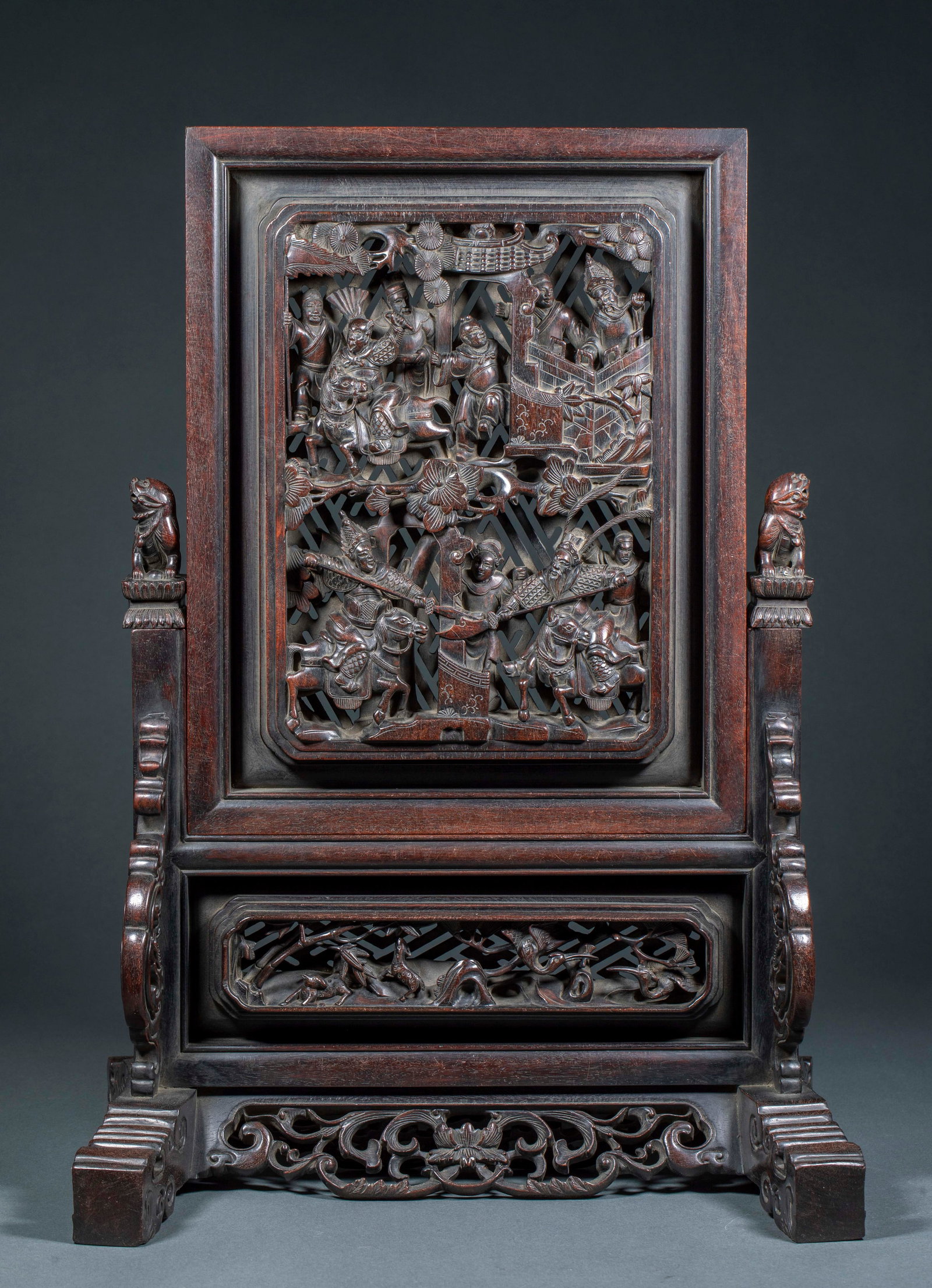 Red Sandalwood Hollow Carved Opera Figure Screen: Red Sandalwood Hollow Carved Opera Figure Screen: Carved of single red sandalwood log with full openwork carving, screen depicting historical opera figure stories with intricate layered patterns, fine