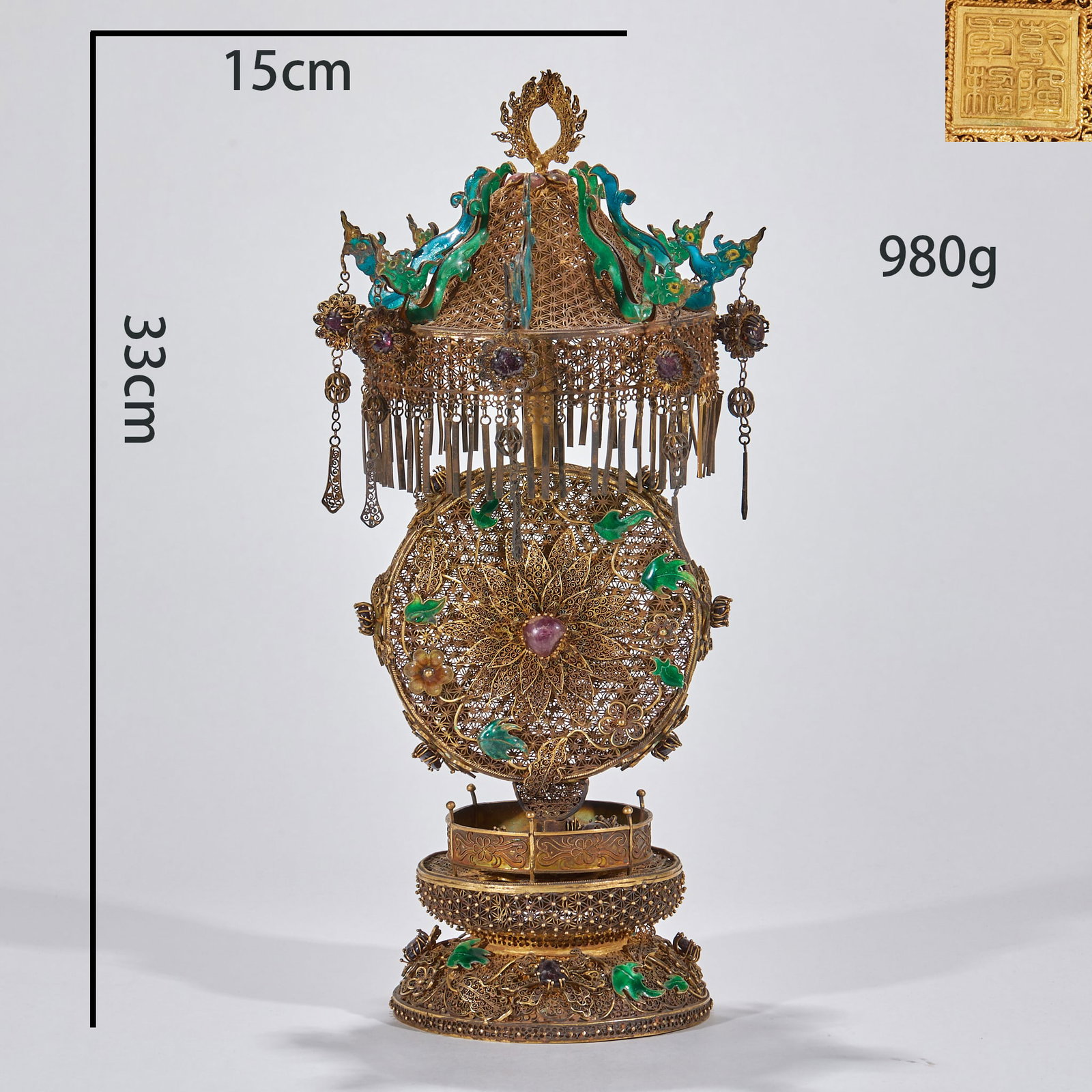 Gilt Silver Filigree Precious Canopy Dragon Ear Incense Stand: Gilt Silver Filigree Precious Canopy Dragon Ear Incense Stand: Gilt silver crafted with filigree, cloisonné and gem inlay techniques, umbrella-shaped top decorated with dragon patterns, regular treas