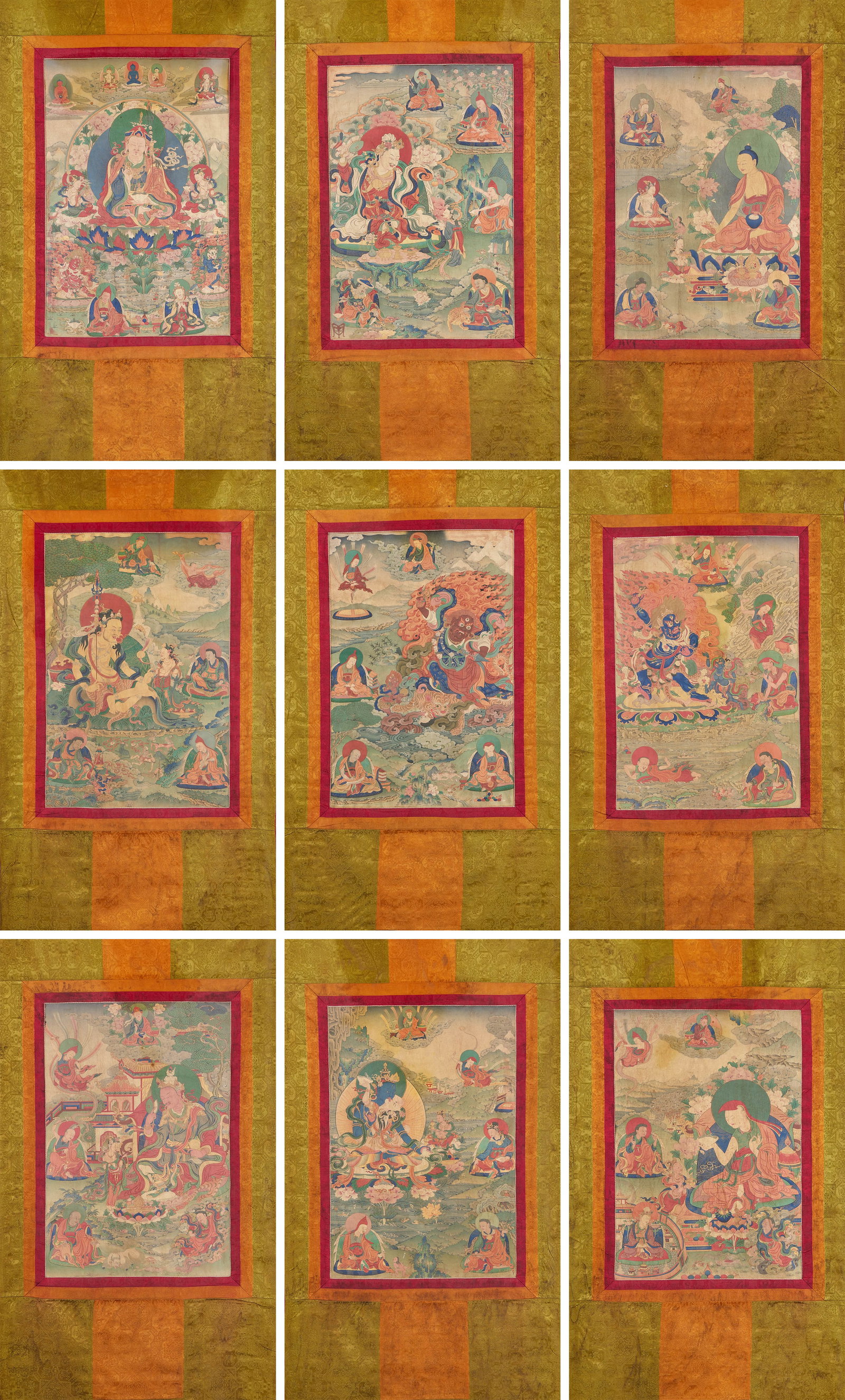 Padmasambhava Eight Manifestations Thangka: Padmasambhava Eight Manifestations Thangka: Cloth-based colored painting in traditional Thangka craft, eight transformation statues with rigorous iconography, gorgeous colors, rich landscape and figur