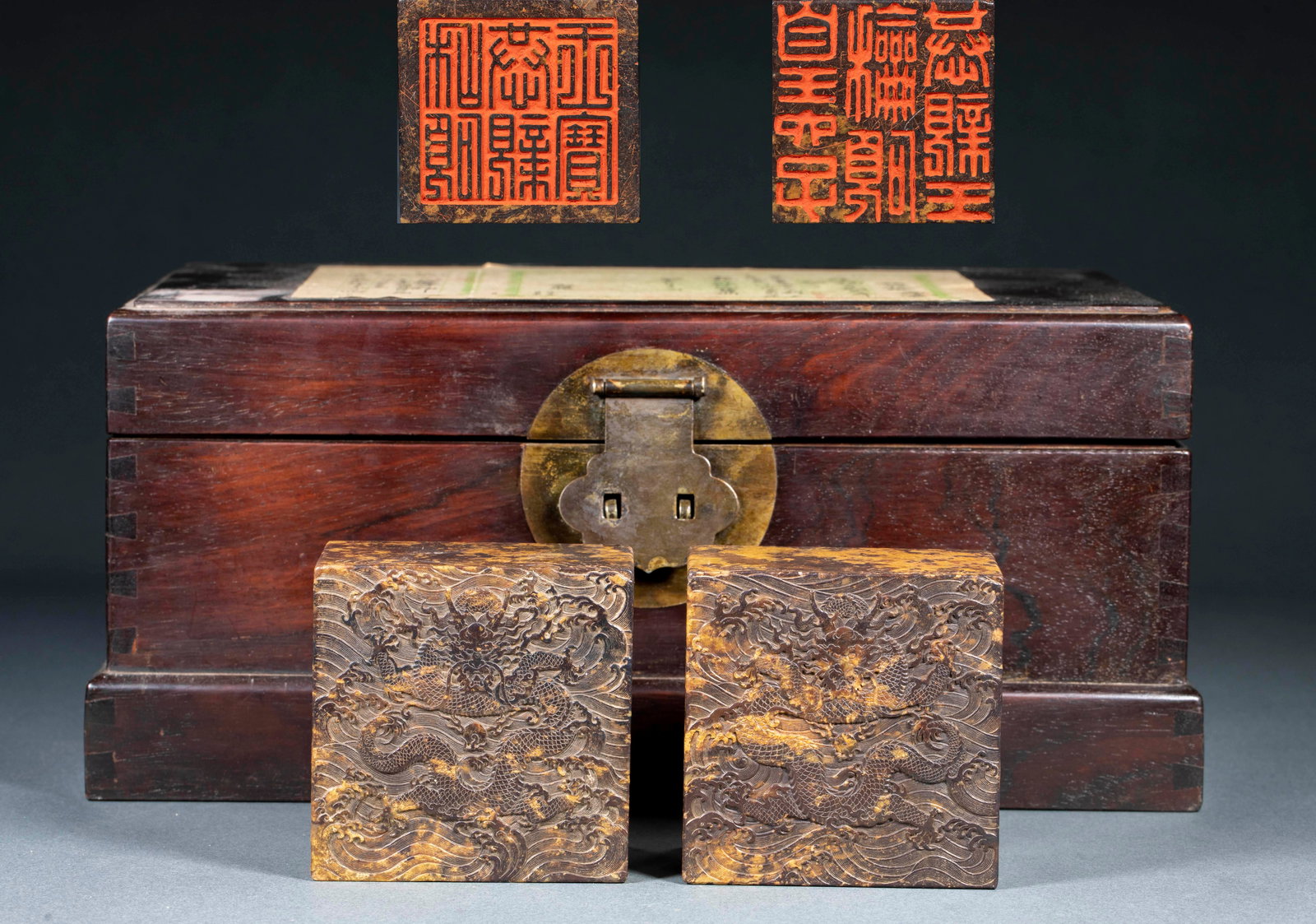 Qingtian Stone Dragon Pattern Seal, A Pair: Qingtian Stone Dragon Pattern Seal Pair: Carved of Qingtian stone with round carving craft, dragon-patterned seal knobs and square seal faces, mild fine stone texture, well preserved as a pair. Specif