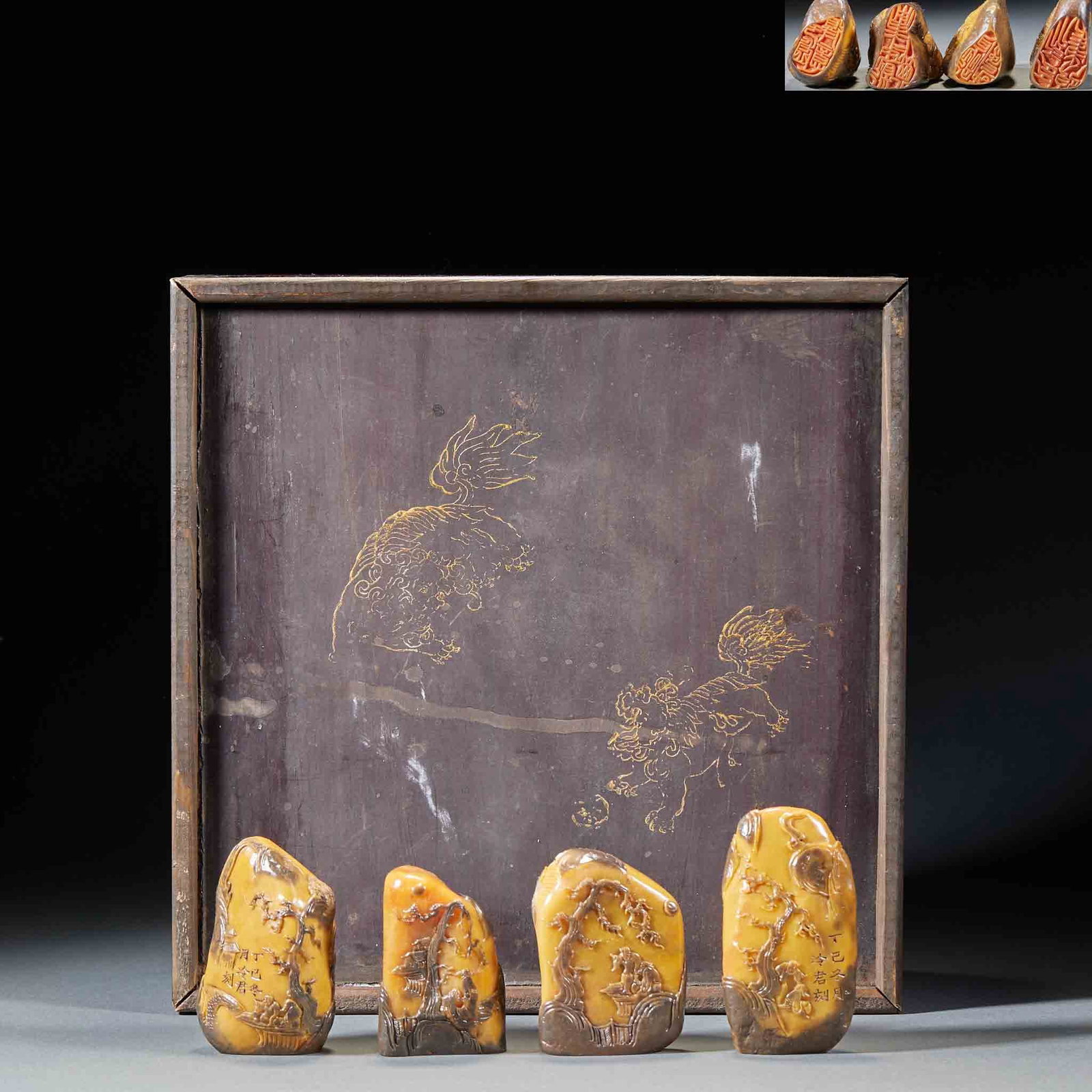 Dingyi Winter Tianhuang Stone Seal with Crow Skin, Carved by Lengjun, Set of Pieces: Crow Skin Tianhuang Stone Seal Set Carved by Lengjun in Winter of Yisi Year: Crow skin Tianhuang stone with mild texture, distinct black skin and yellow flesh, shallow relief carved landscape and figu