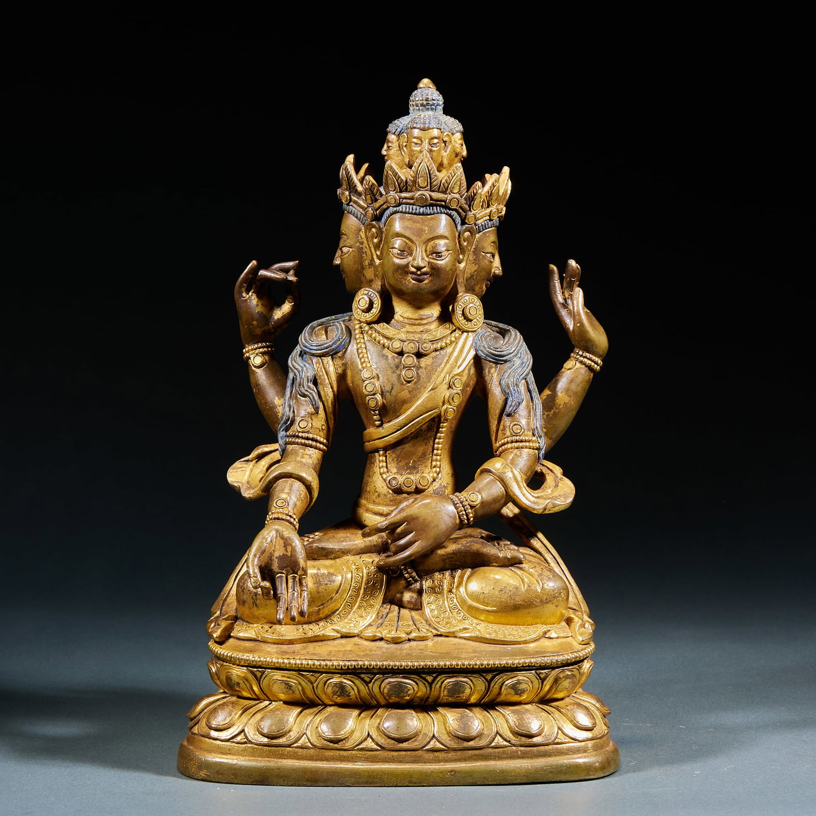Gilt Bronze Seated Guanyin: Gilt Bronze Guanyin Seated Statue: Exquisite gilt bronze casting craft, gentle dignified Guanyin demeanor with flowing robe lines, regular lotus throne base and well-preserved gilding. Specifications: