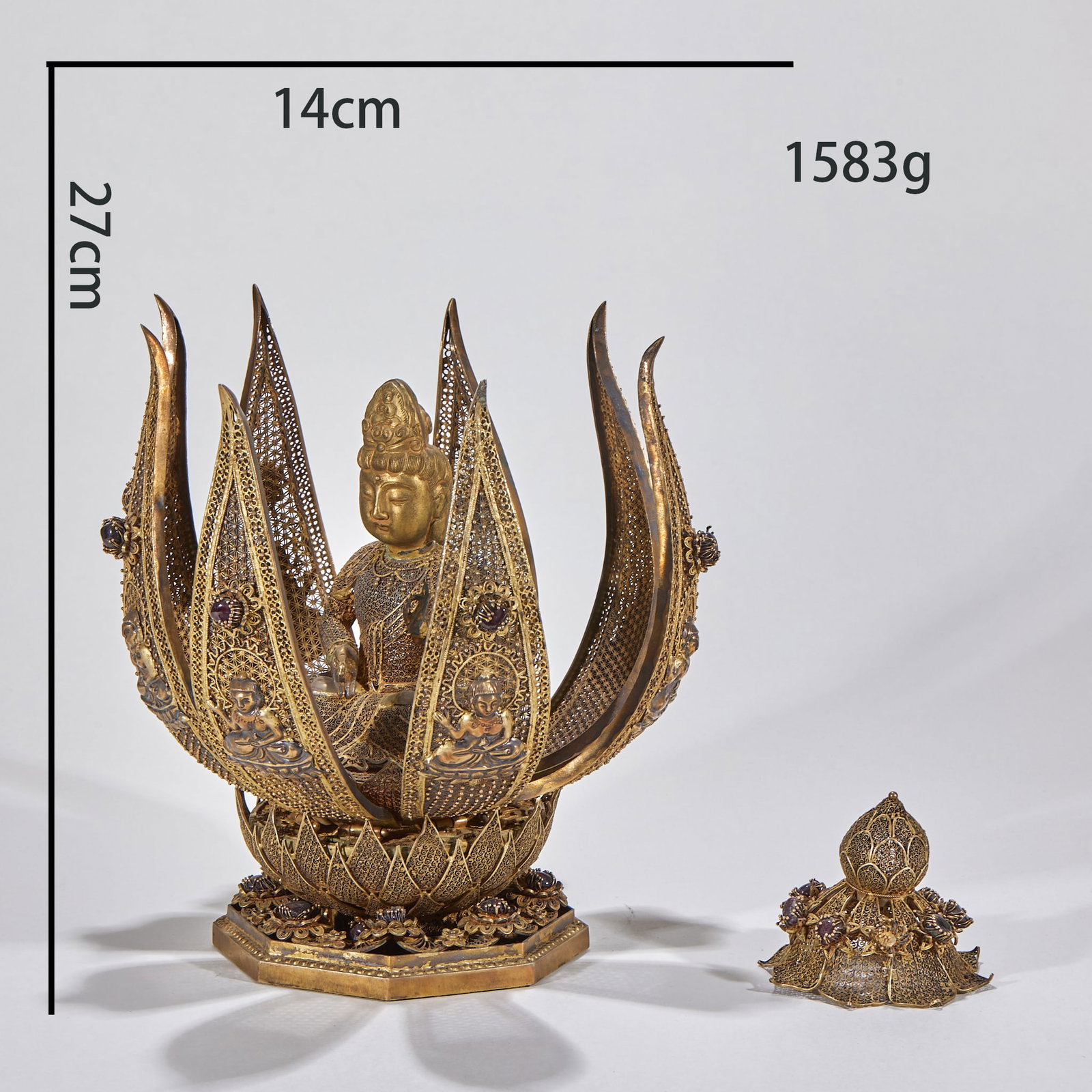 Gilt Silver Filigree Mandala Buddha Niche: Gilt Silver Filigree Mandala Buddha Niche: Gilt silver crafted with filigree, wire weaving and gem inlay techniques, lotus petal mandala-shaped niche enshrining seated Buddha, intricate hollow pattern