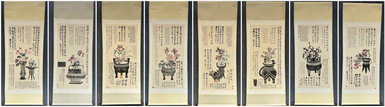 Huang Binhong Fine Paper Eight-Panel Scroll of Antique Flowers: Huang Binhong Paper Masterpiece Antiquity and Flower Eight-Panel Scroll: Paper colored painting with vigorous moist brushwork, integrating antiquity flower scenes and inscriptions, fully presenting Hu