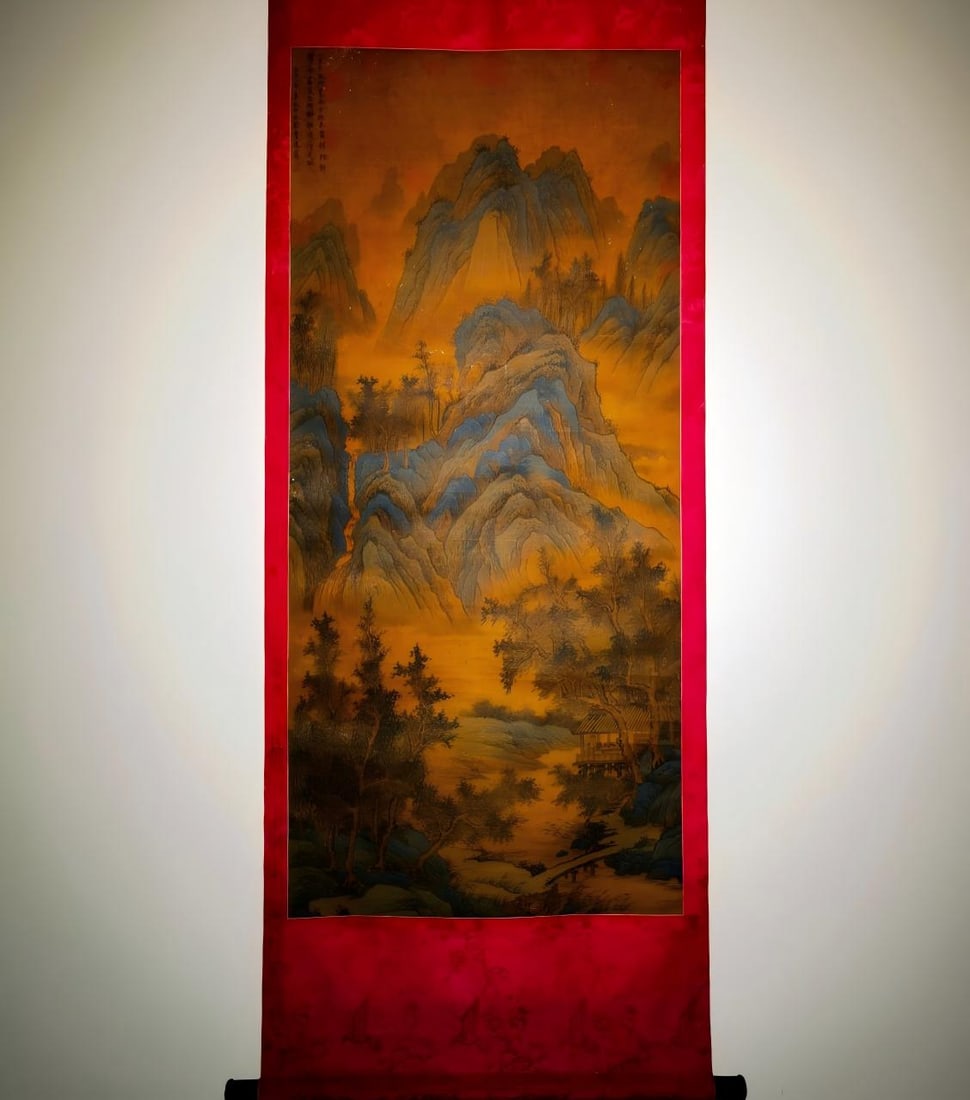 Liu Guandao Silk Landscape Vertical Scroll: Liu Guandao Silk Landscape Vertical Scroll: Silk colored painting with magnificent profound landscape composition, vigorous moist brushwork in typical Song-Yuan master style, well mounted. Painting co