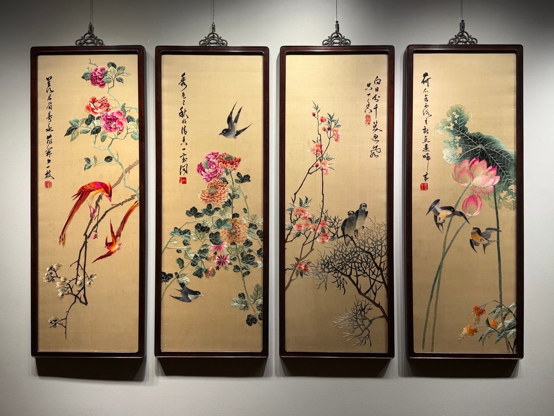 Hunan Embroidery Flower and Bird Four-Panel Scroll: Hunan Embroidery Flower and Bird Four-Panel Scroll: Silk crafted with traditional delicate Hunan embroidery stitches, vivid lifelike flower and bird patterns, matched with redwood frame, complete as a