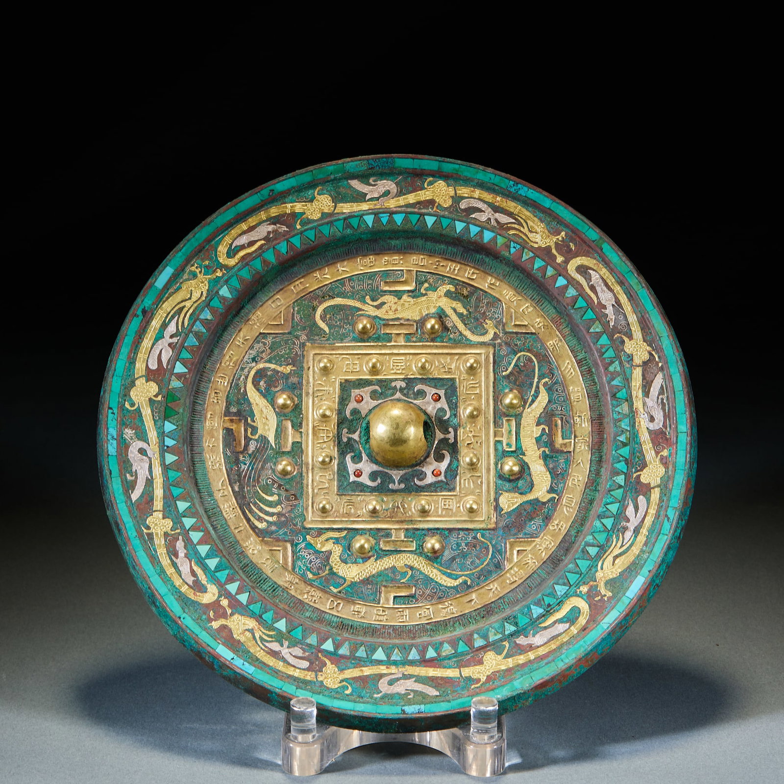 Warring States to Han Period Gold and Silver Inlaid Four Divine Beasts Bronze Mirror: Warring States to Han Gold and Silver Inlaid Four Divine Beasts Bronze Mirror: Bronze vessel adopting gold and silver inlay craft, reverse decorated with Azure Dragon, White Tiger, Vermilion Bird, Bla