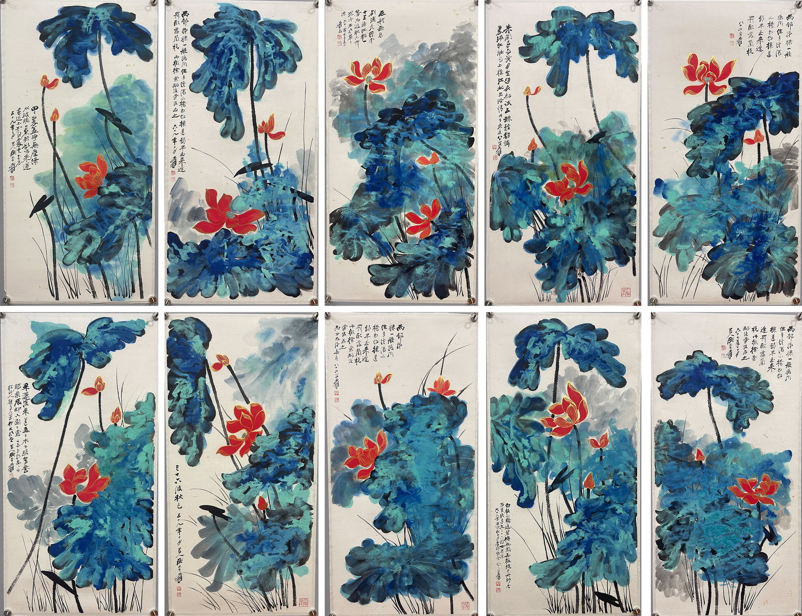 Zhang Daqian Ink Splashed Lotus Painting Set, 10 Pieces in Total: Zhang Daqian Splash-Ink Lotus Painting Set: Paper-based colored painting suite of ten pieces. Each work employs splash-ink and splash-color techniques rendering lotus blossoms with unrestrained ink mo