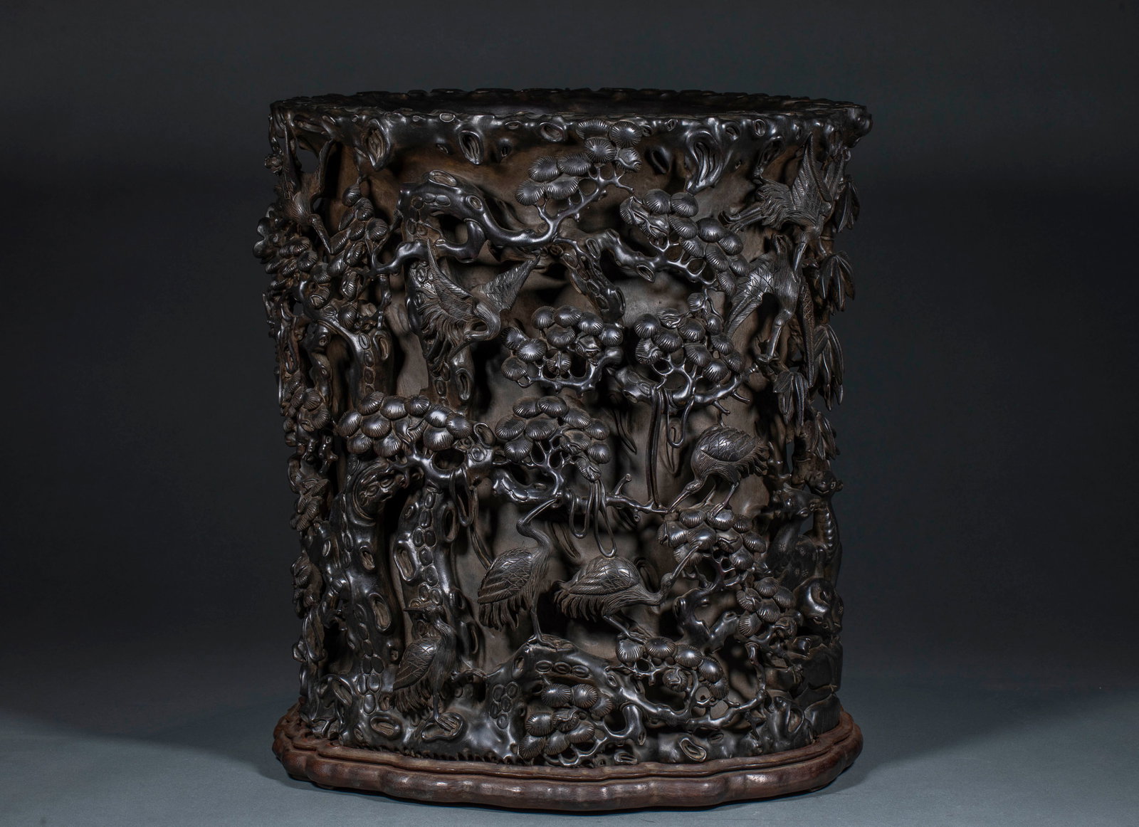 Red Sandalwood Deer and Crane Spring Cylinder Vase: Red Sandalwood “Deer and Crane Spring Harmony” Painting Tub: Hollowed from single red sandalwood timber. Fully carved with pine, crane and deer patterns symbolizing universal spring bliss. Exq