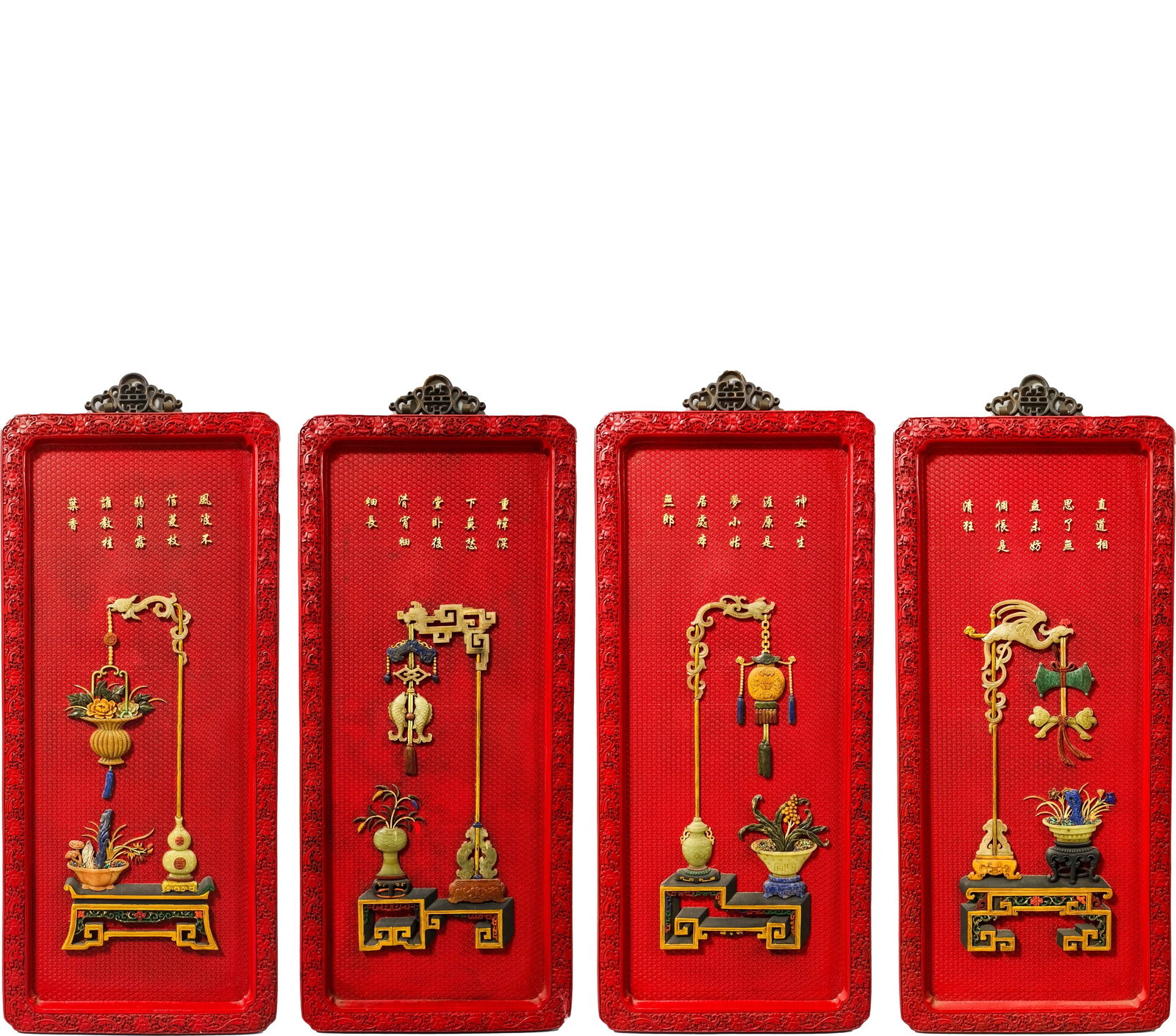 Lacquer Inlaid Antique Poem Four-Panel Screen: Lacquer Inlaid Antiquity Poem Four-Panel Screen: Red lacquer ground inlaid with refined antiquity appreciation motifs accompanied by inscribed poems. Exquisite overall craftsmanship and elegant implie