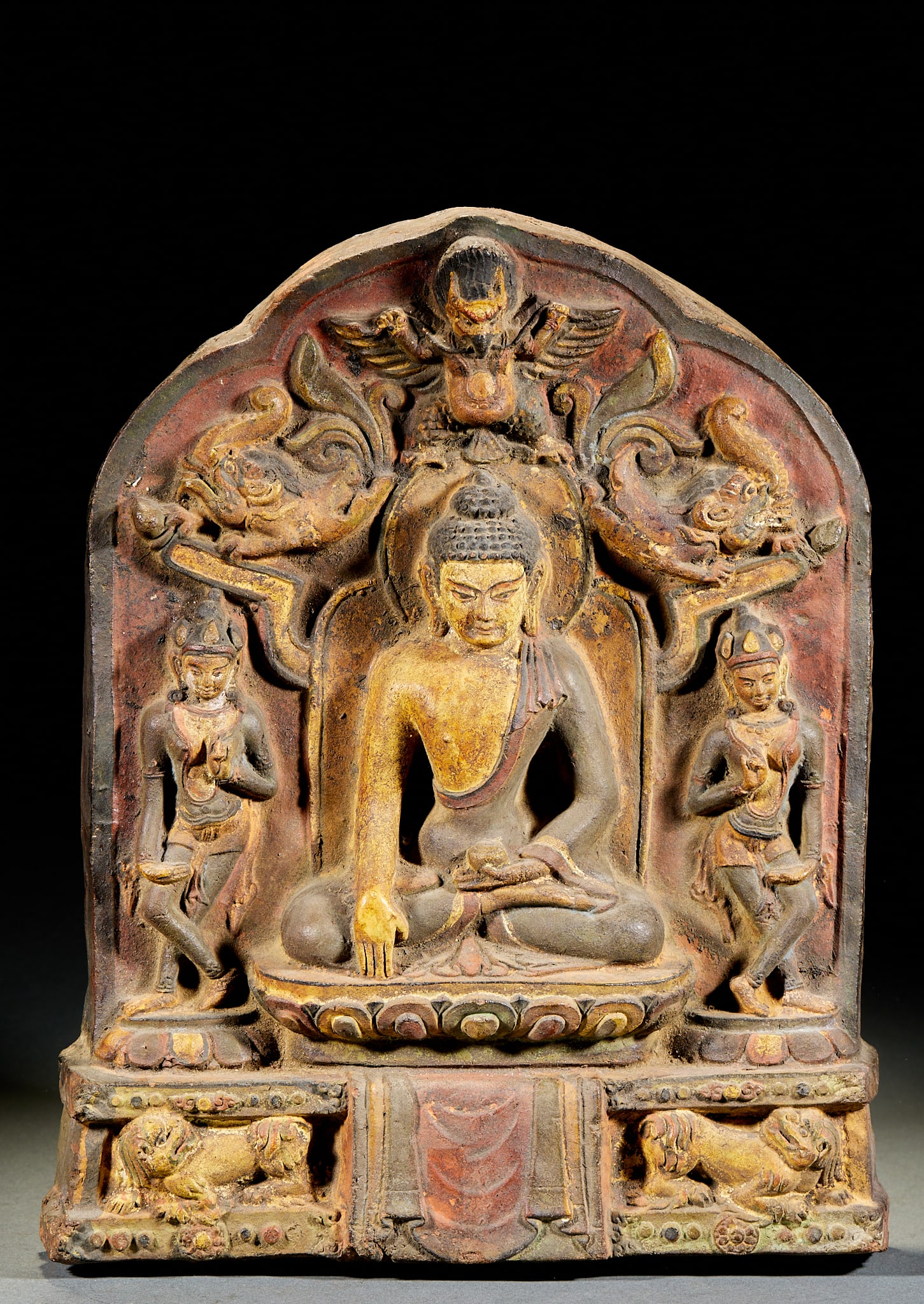 Painted Clay Sakyamuni Enlightenment Niche: Painted Clay Sakyamuni Enlightenment Niche: Neat classical form with muted ancient pigments and solemn Buddha iconography. Height 39cm, length 25cm, width 7cm. A representative masterpiece of folk cla