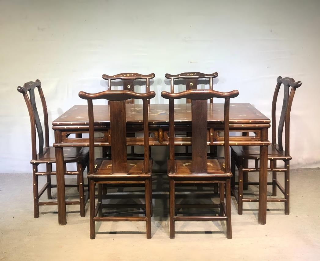 Huanghuali Full Shell Inlaid Dining Table Seven-Piece Set (1 of 8)