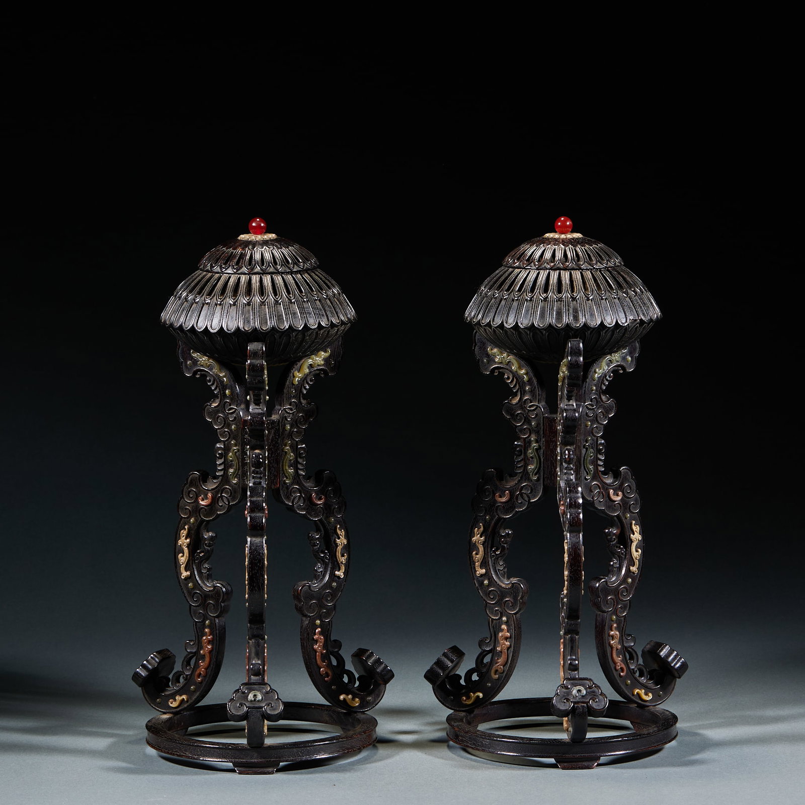 Qianlong Mark Red Sandalwood Inlaid Crown Incense Burner: Qianlong Period Red Sandalwood Inlaid Crown Incense Burner: Carved from single red sandalwood with intricate inlaid ornamentation and elegant classical form, crowned with red bead finial. Height 31cm,
