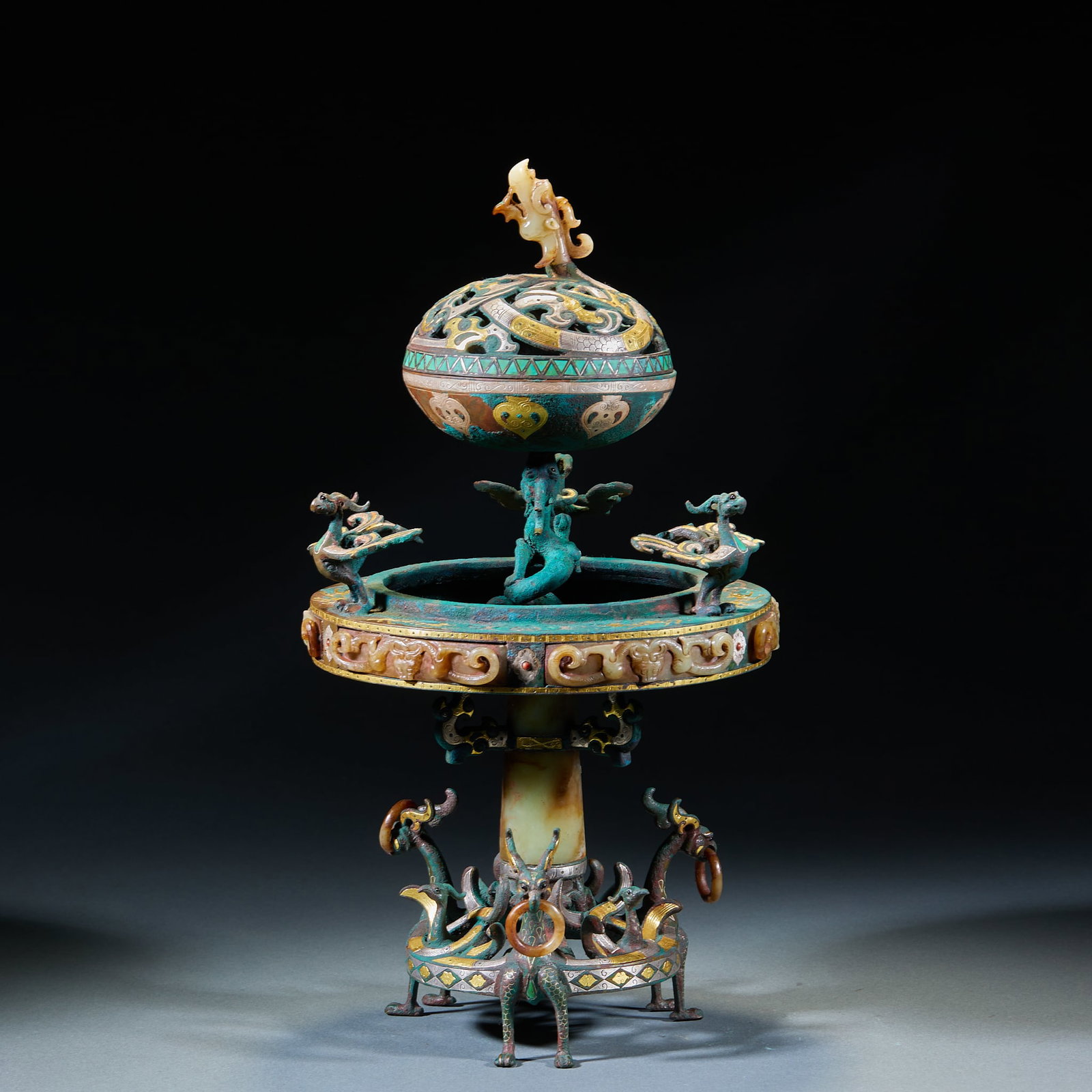 Warring States to Han Period Gold and Silver Turquoise and Jade Inlaid Dragon and Phoenix Incense: Warring States-Han Gold-Silver Inlaid Turquoise Jade Dragon-Phoenix Incense Burner: Bronze base inlaid with gold, silver, turquoise and jade throughout. Exquisite all-over gem inlay and vivid dragon-p