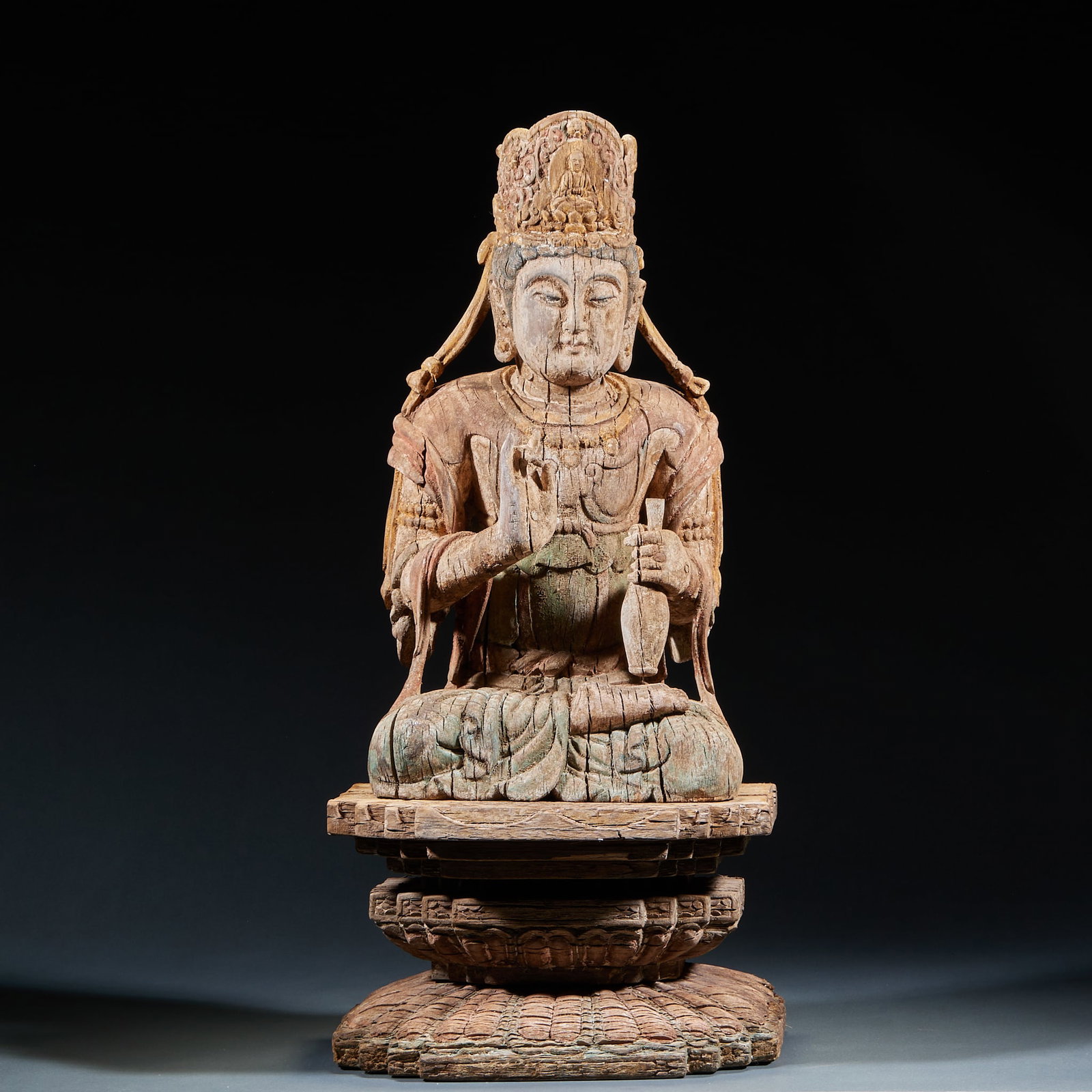 Cypress Wood Guanyin Statue: Cypress Wood Guanyin Statue: Fully round-carved single cypress timber with solemn Buddha demeanor, flowing robe lines and mild natural patina. Height 51cm, length 23.5cm, width 18cm. A refined wooden