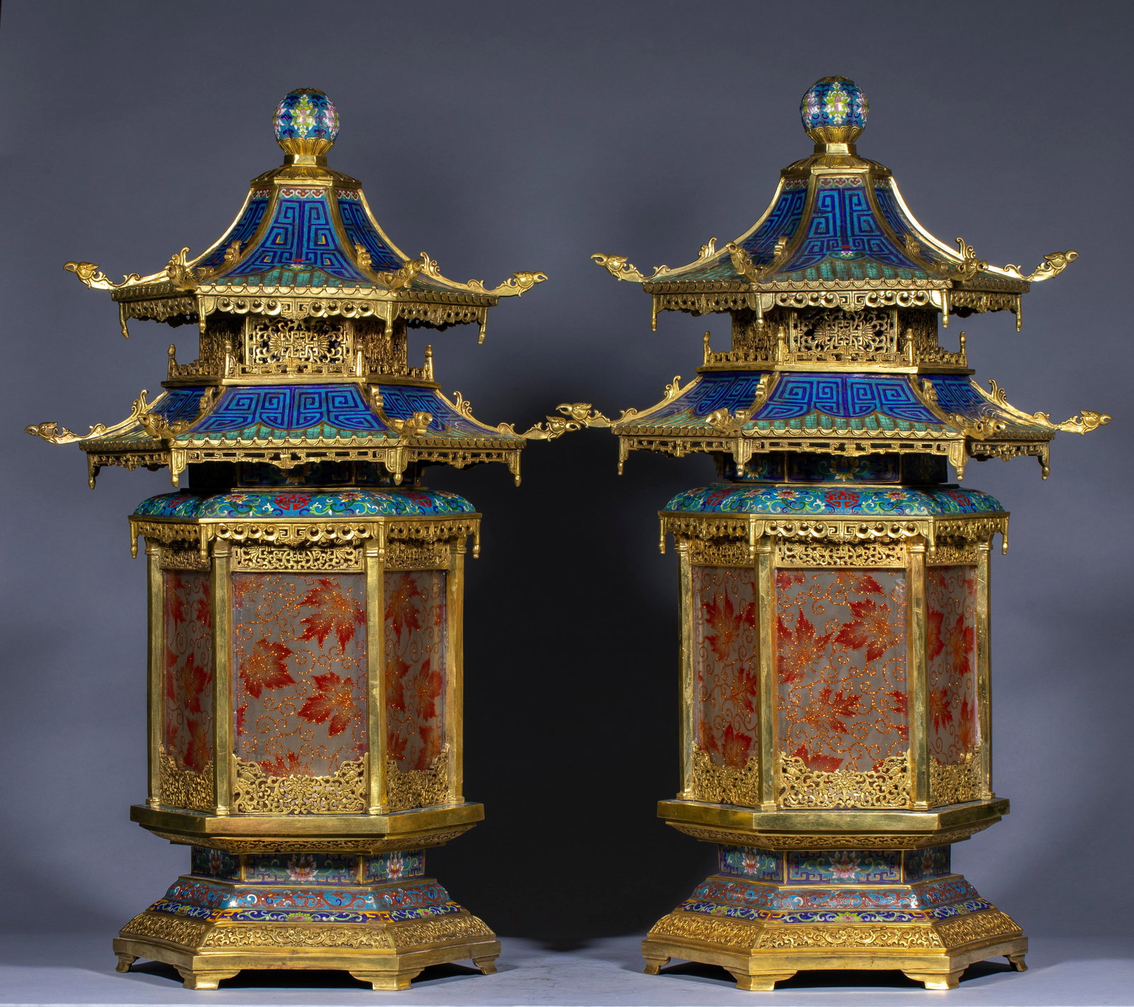 Cloisonné Palace Lanterns, A Pair: Cloisonne Palace Lantern Pair: Copper-bodied cloisonne in classic palace lantern shape, gorgeous enamel colors and exquisite gilding craft, perfectly preserved as a pair. Single piece: height 80cm,