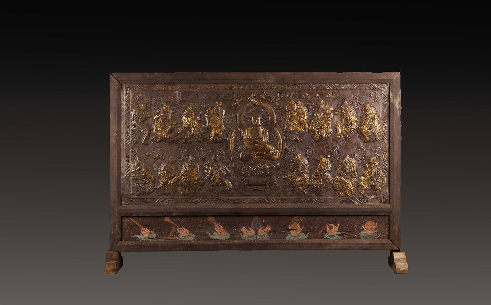 Silver Buddha Preaching Screen: Silver Buddha Preaching Screen: Pure silver crafted in relief with layered vivid Buddha preaching scene, grand regular overall form. Height 80cm, length 117.5cm, width 24cm. Silver religious furnishin