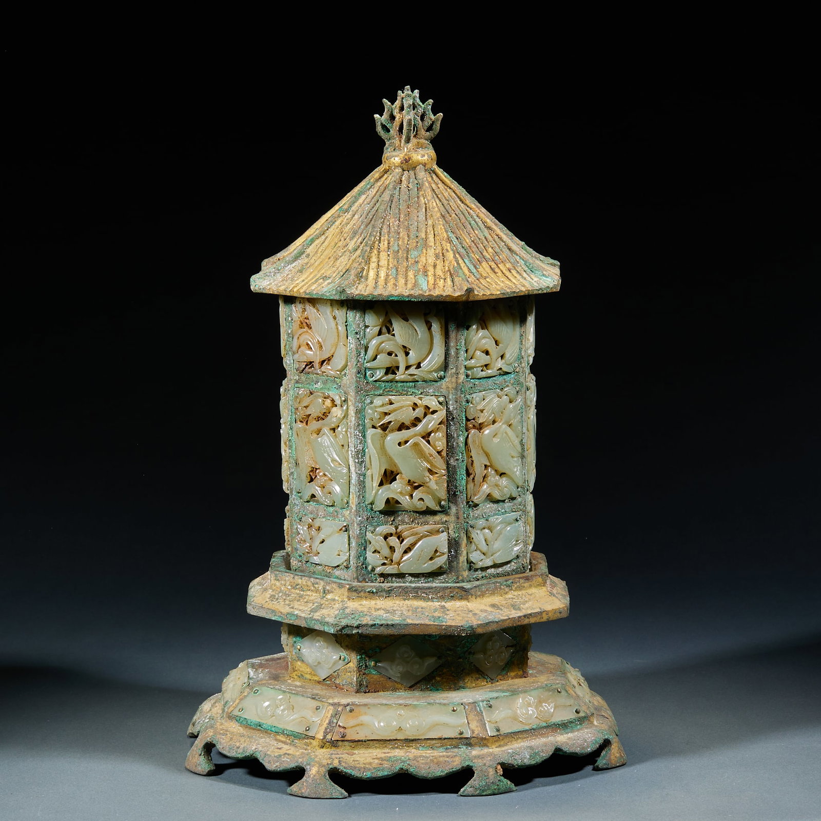 Gilt Bronze White Jade Inlaid Openwork Flower and Bird Pagoda Censer: Gilt Bronze White Jade Inlaid Openwork Flower-Bird Pagoda Incense Burner: Fully gilt bronze body inlaid with white jade plaques, openwork carved flower and bird patterns, pagoda-shaped form with intri