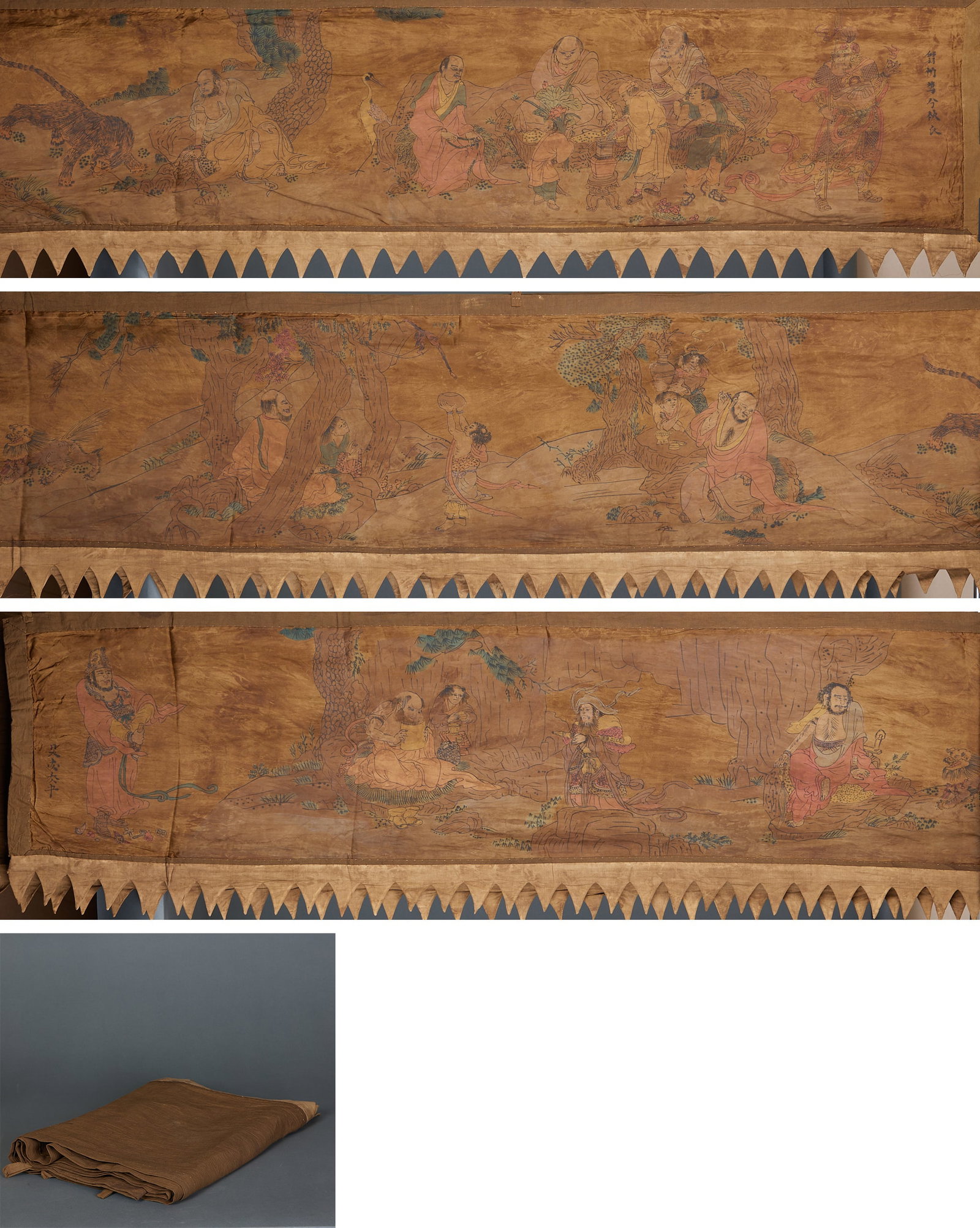 Liao Dynasty Khitan Silk Nomadic Life Hanging Banner: Liao Khitan Silk Zhuoxie Tu Hanging Banner: Silk colored painting depicting Khitan noble daily life scenes with archaic elegant tones, a rare surviving Liao ethnic painting relic. Length 690cm, width 
