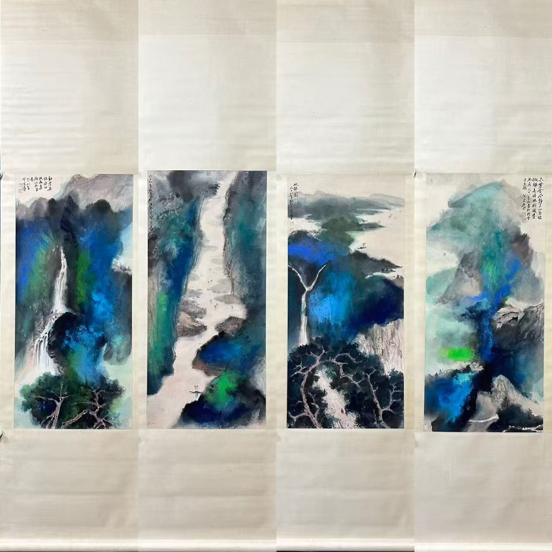 Zhang Daqian Splashed Color Landscape Four Scrolls: Zhang Daqian Splash-Color Landscape Four-Scroll Set: Paper-based colored landscape suite created with splash-color technique, gorgeous rich hues and grand artistic conception in Zhang Daqian’s iconi