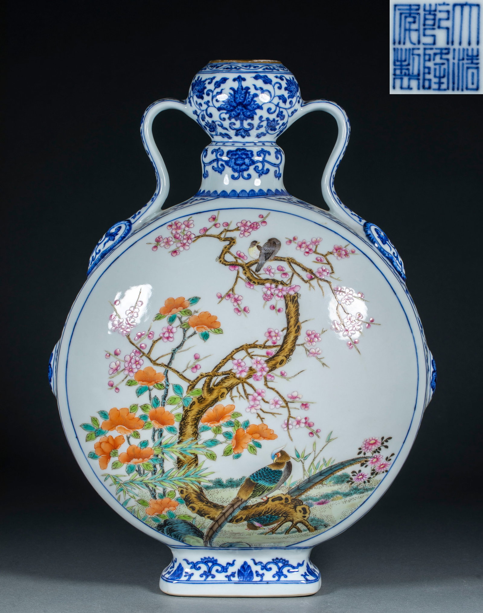 Qianlong Period Blue and White Open Window Magpie on Plum Blossom Double-Eared Moon Flask: Qianlong Underglaze Blue Reserved Window Magpie on Plum Double-Eared Moon Vase: Porcelain with steady underglaze blue tone, reserved windows painted with magpie and plum flower patterns symbolizing go