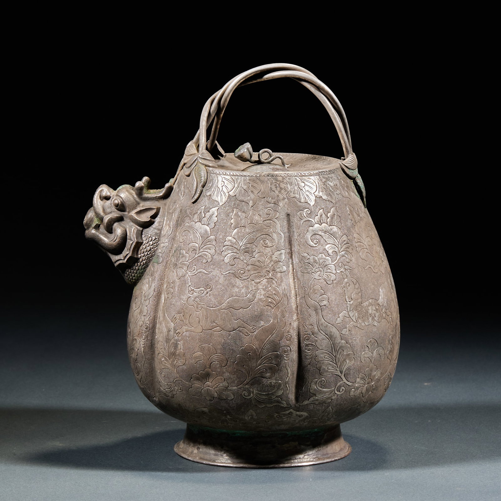 Pure Silver Dragon Head Ewer: Pure Silver Dragon Head Pot: Pure silver crafted with finely chased body patterns, dragon-head spout and smooth fluent overall lines. Height 20cm, length 16.5cm, width 14cm, weight 451g. Ancient silve