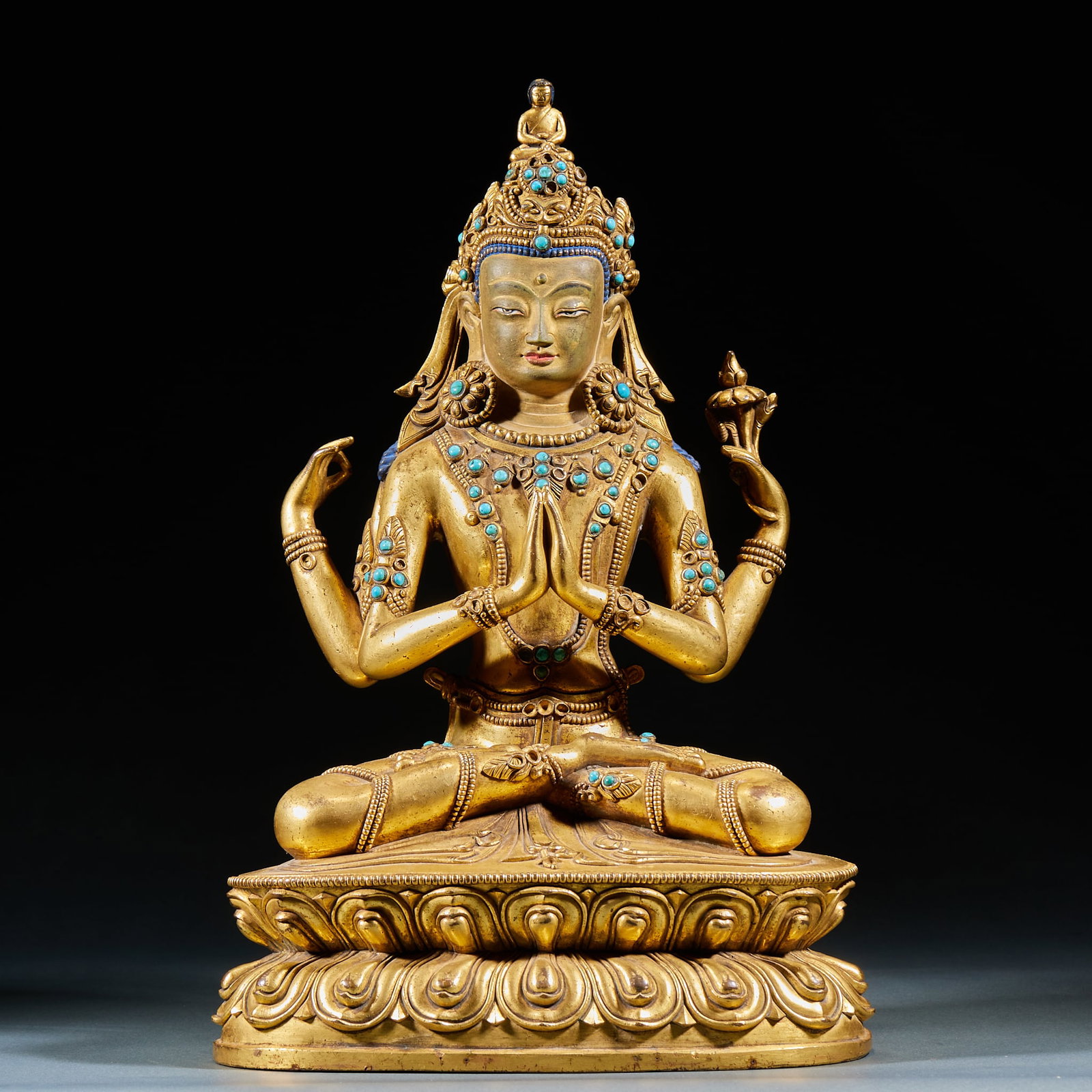 Gilt Bronze Inlaid Four-Armed Avalokiteshvara: Gilt Bronze Inlaid Four-Armed Guanyin: Gilt bronze cast with rigorous Buddhist iconography and dignified facial features, standard four-armed Dharma appearance adorned with full-body gem inlay