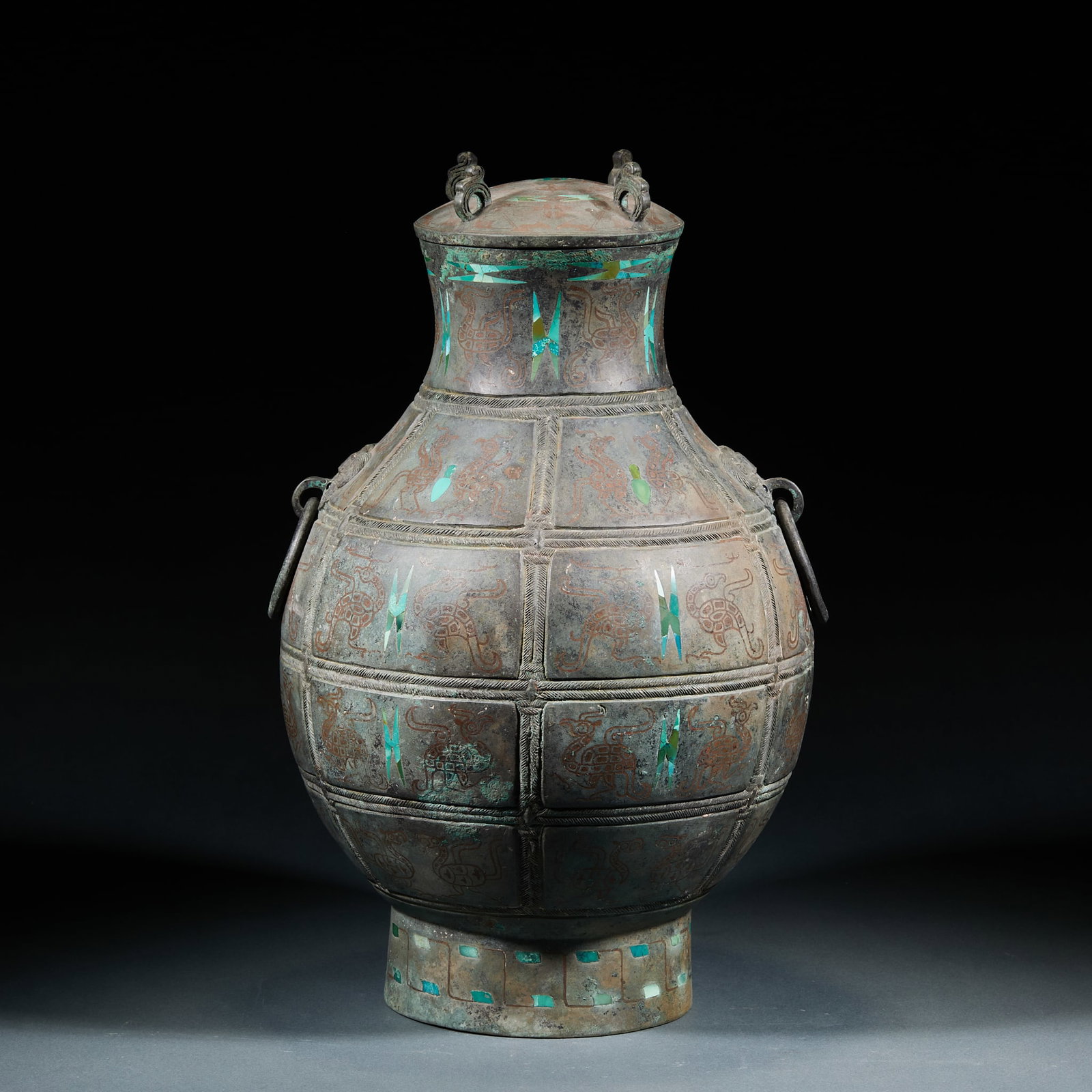 Pre-Ming Bronze Cover Jar: Pre-Ming Bronze Cover Jar: Bronze cast with primitive ancient craft, full neat vessel shape, integrated lid and body with smooth fluent lines and thick natural aged patina. Height 38.5cm, belly diamet