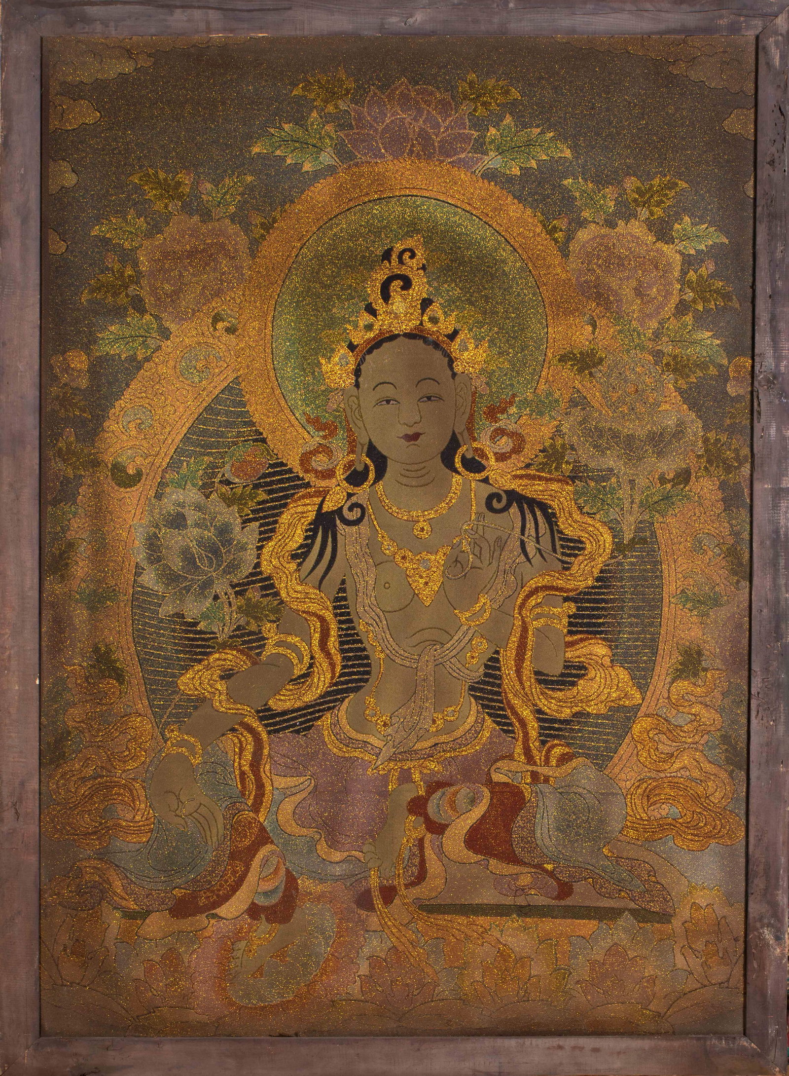 Pre-Ming Kesi Green Tara Hanging Screen: Pre-Ming Kesi Green Tara Hanging Screen: Kesi woven fabric with consummate tapestry craft, dignified woven Green Tara statue, archaic elegant colors and complete well-preserved condition. Length