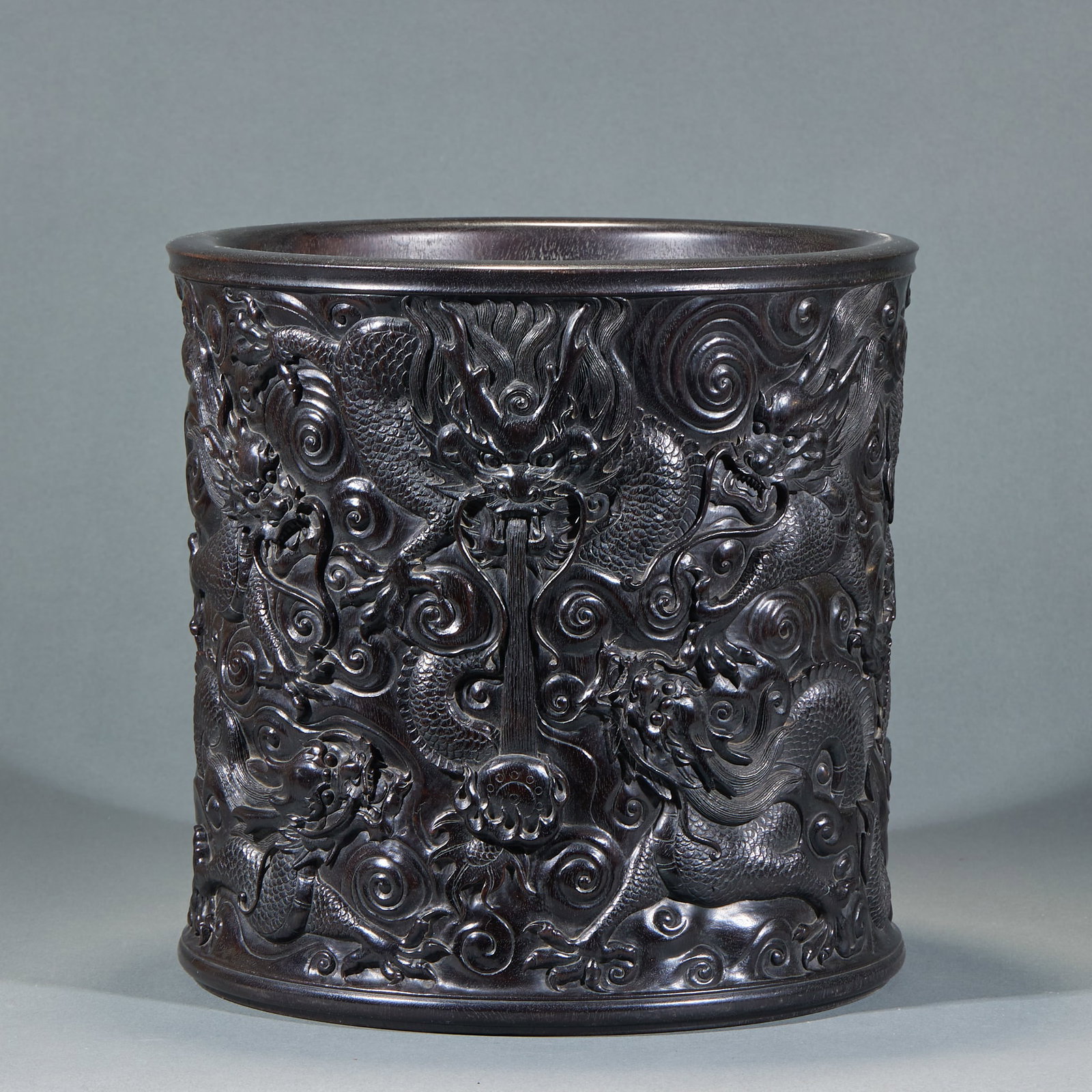 Red Sandalwood Relief Dragon Pattern Cylinder Vase: Red Sandalwood Relief Dragon Pattern Painting Tub: Premium red sandalwood with fine texture and distinct grain, body deeply relief-carved with dragon patterns in exquisite profound detail and mild