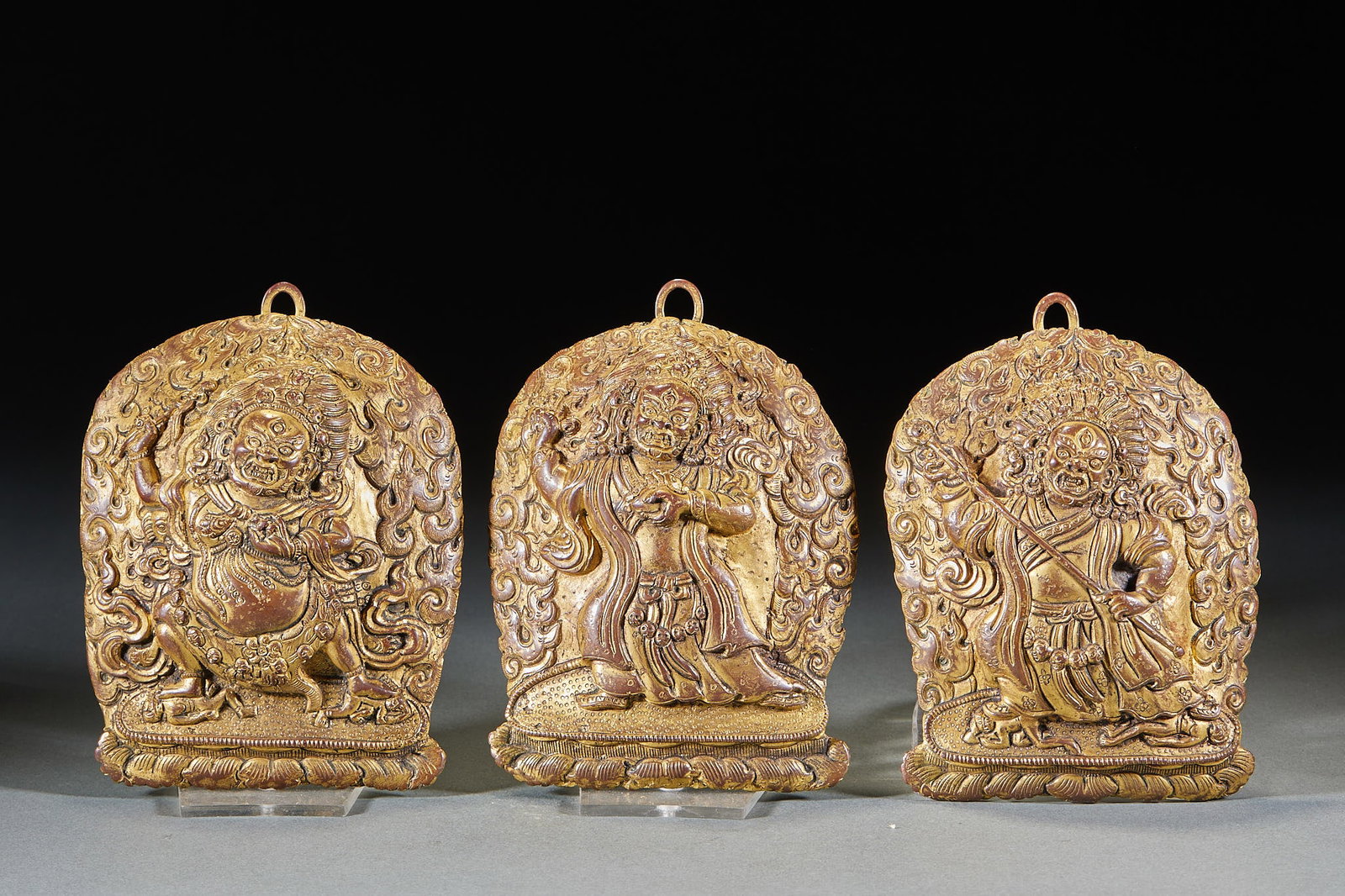 Gilt Bronze Dharma Protector Plaque Set: Gilt Bronze Dharma Protector Plaque Set: Exquisite overall gilding craft, relief-carved solemn Dharma protector images with magnificent intricate flame background patterns, perfectly preserved as a