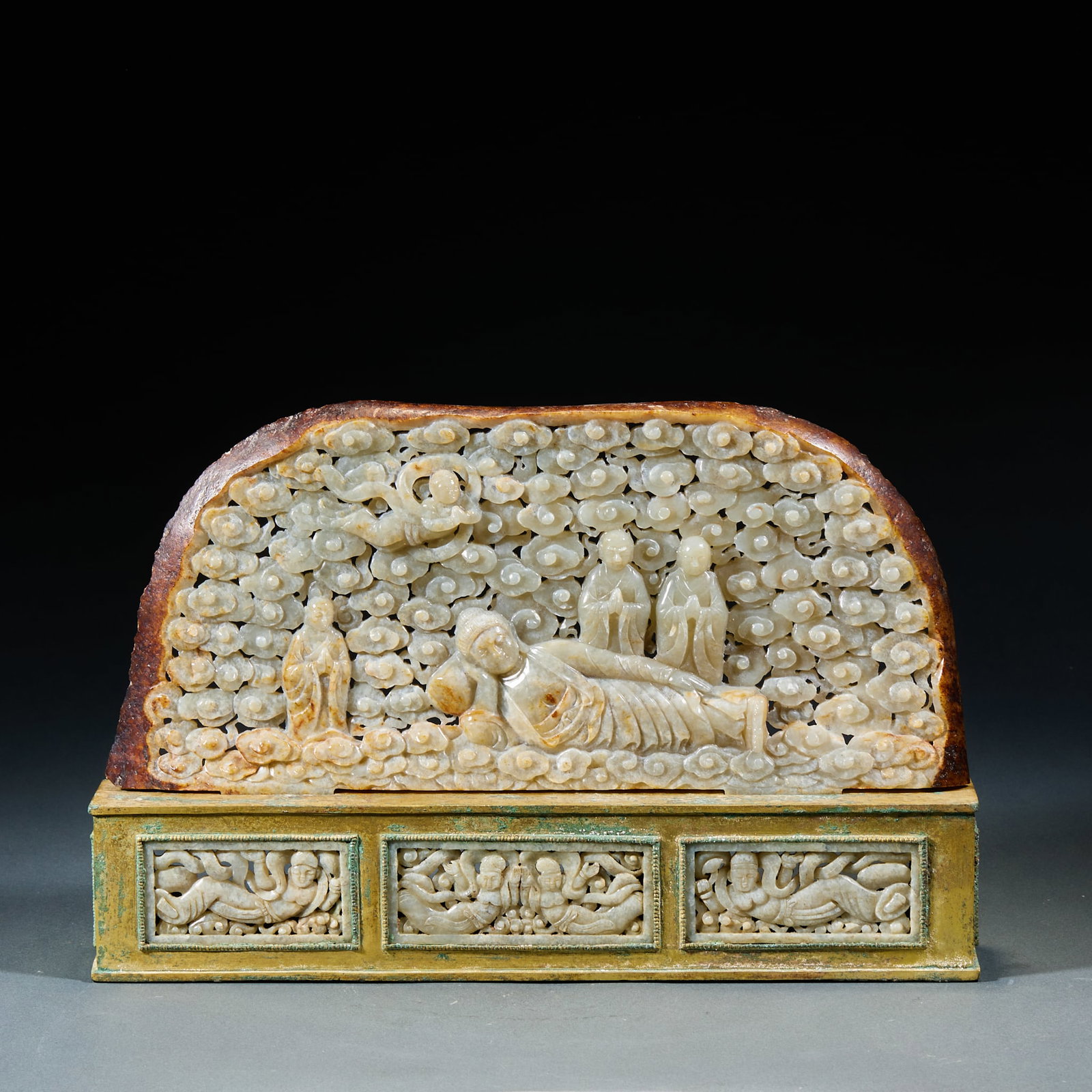 Hetian Jade Buddhist Figure Story Screen: Hetian Jade Buddhist Story Inlaid Screen: Fine mild Hetian jade carved from single timber with Buddhist figure story theme via openwork and relief techniques, matched with gilt bronze base. Height